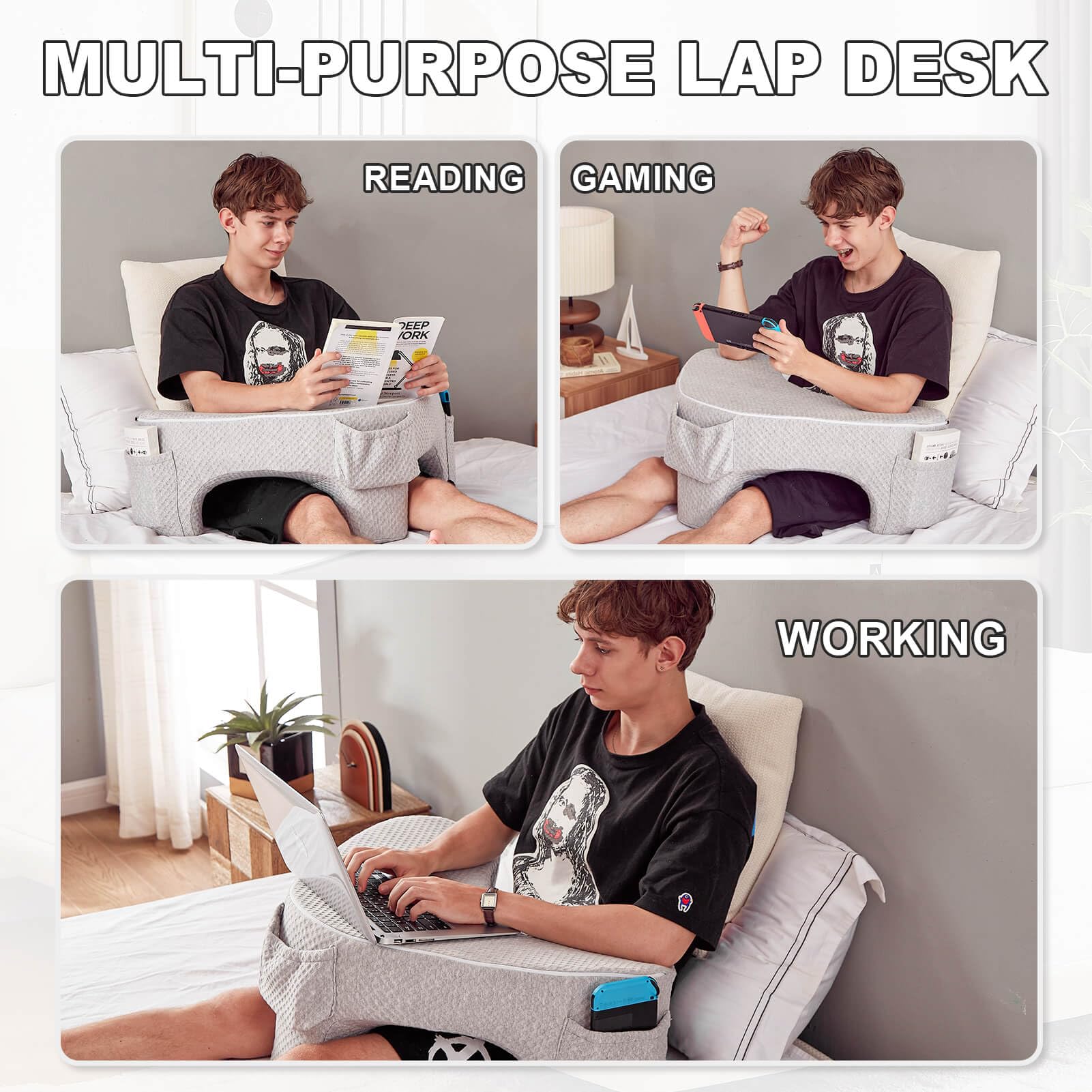 Memory Foam Reading Pillow for Lap & Bed Desk - Adjustable Laptop Lap Desk, Gaming Pillow, Bed Pillow for Sitting Up (Gray) - Ideal for Reading, Working, Gaming in Bed, Sofa, or Floor