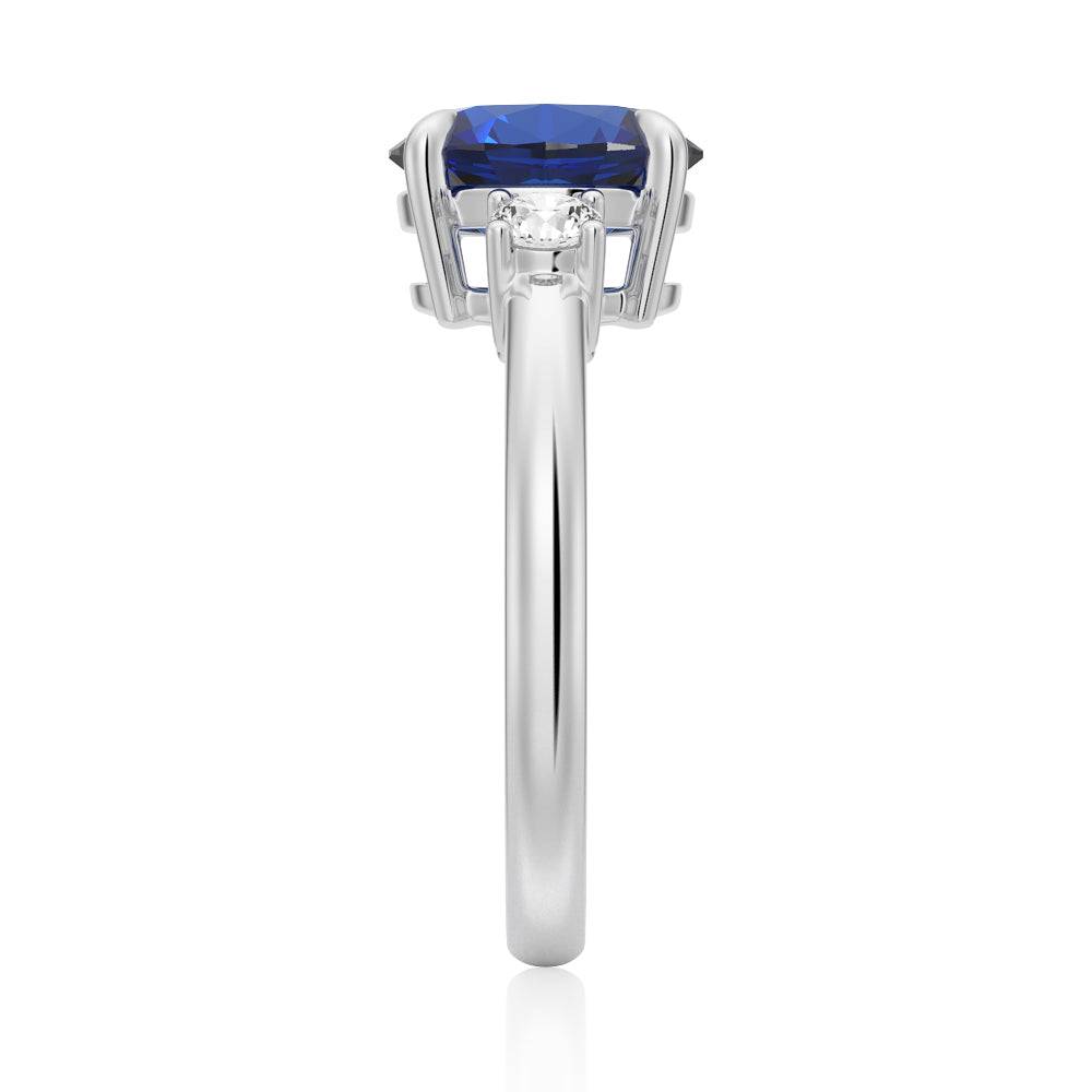 2 CT Oval Blue Sapphire & White Sapphire Three Stone Ring - Elegant Engagement, Wedding, Anniversary Jewelry Gift for Women