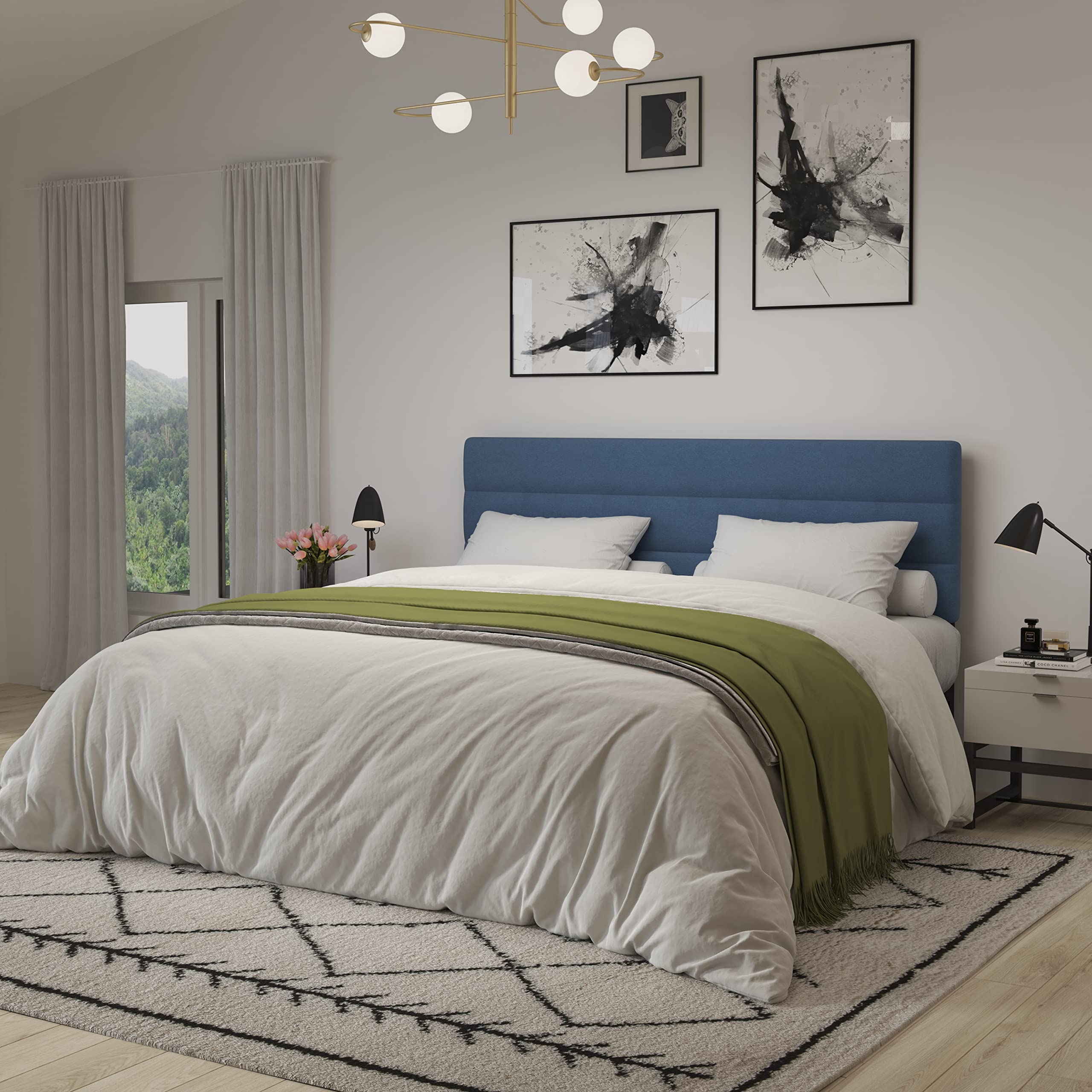 Merrick Lane Coppola Button Tufted Blue Fabric Upholstered Headboard - King Size Bed Headboard with Metal Adjustable Legs for Standard Bed Frames | Perfect for Master Bedroom Decor & Guest Room Upgrade