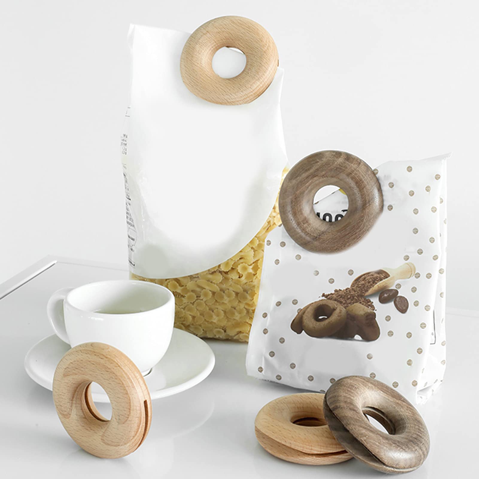 Yirepny 4-Pack Wooden Food Storage Clips - Cute Donut-Shaped Kitchen Sealing Clips for Bags, Chips, Snacks & More - Keep Food Fresh & Organized - Perfect for Pantry, Picnics & Meal Prep
