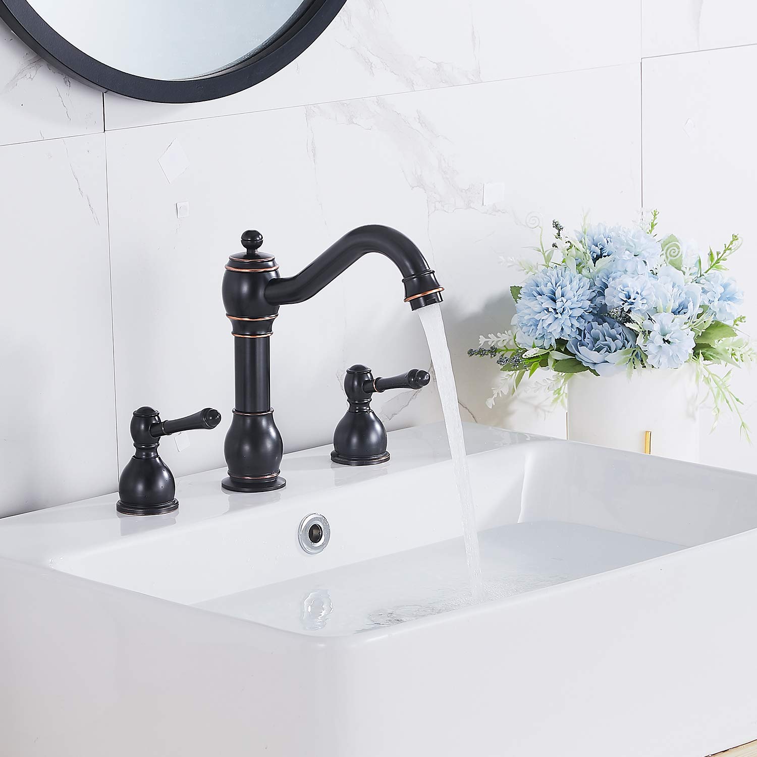 GGStudy Oil Rubbed Bronze 8-Inch Widespread Bathroom Faucet - 2 Handle 3 Hole Brass Sink Faucet with Pop-Up Drain - Perfect for Modern Bathroom & Powder Room Renovation