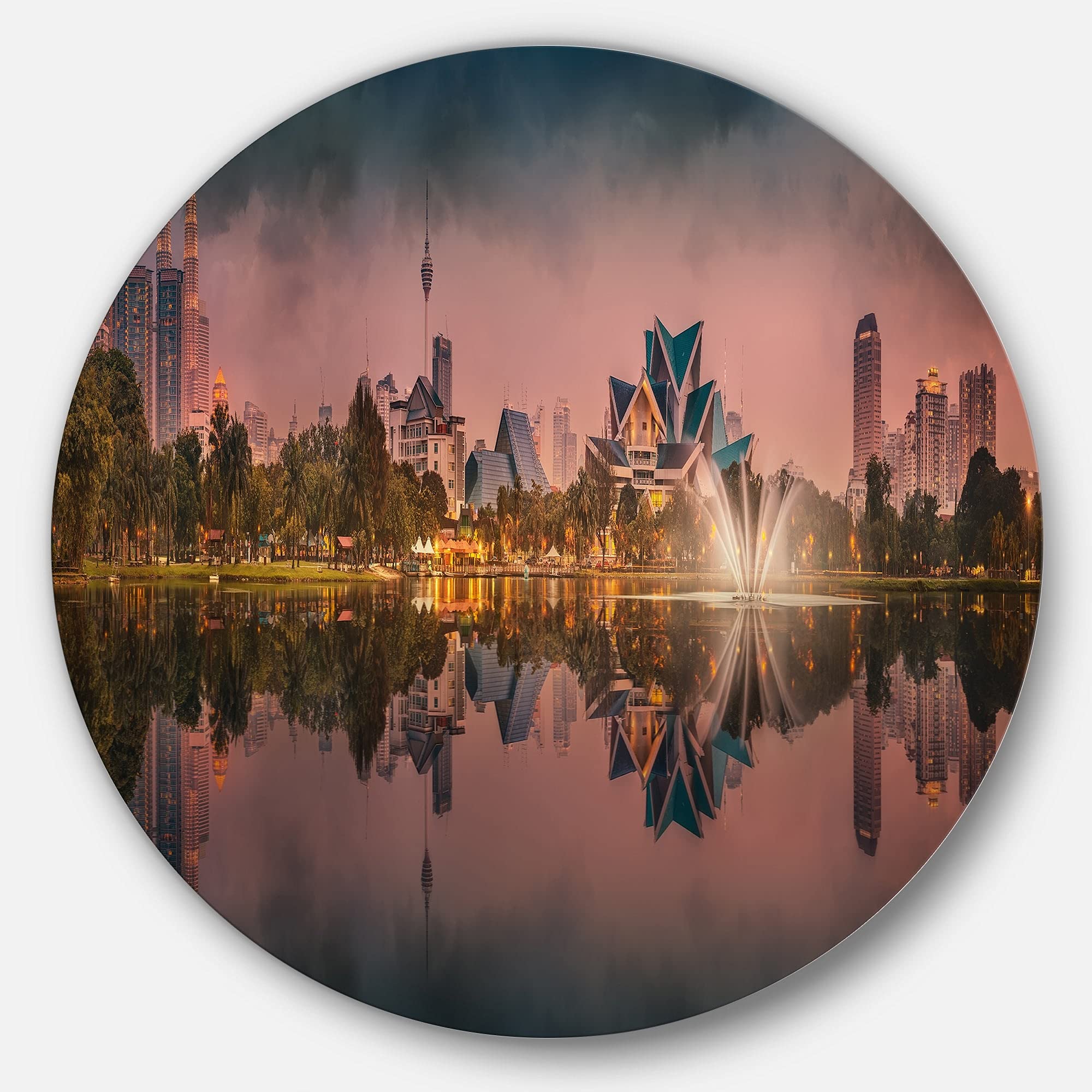 DesignArt 'Kuala Lumpur Night Scenery' Round Metal Wall Art - 29 Inch Landscape Wall Decor for Living Room, Bedroom & Office