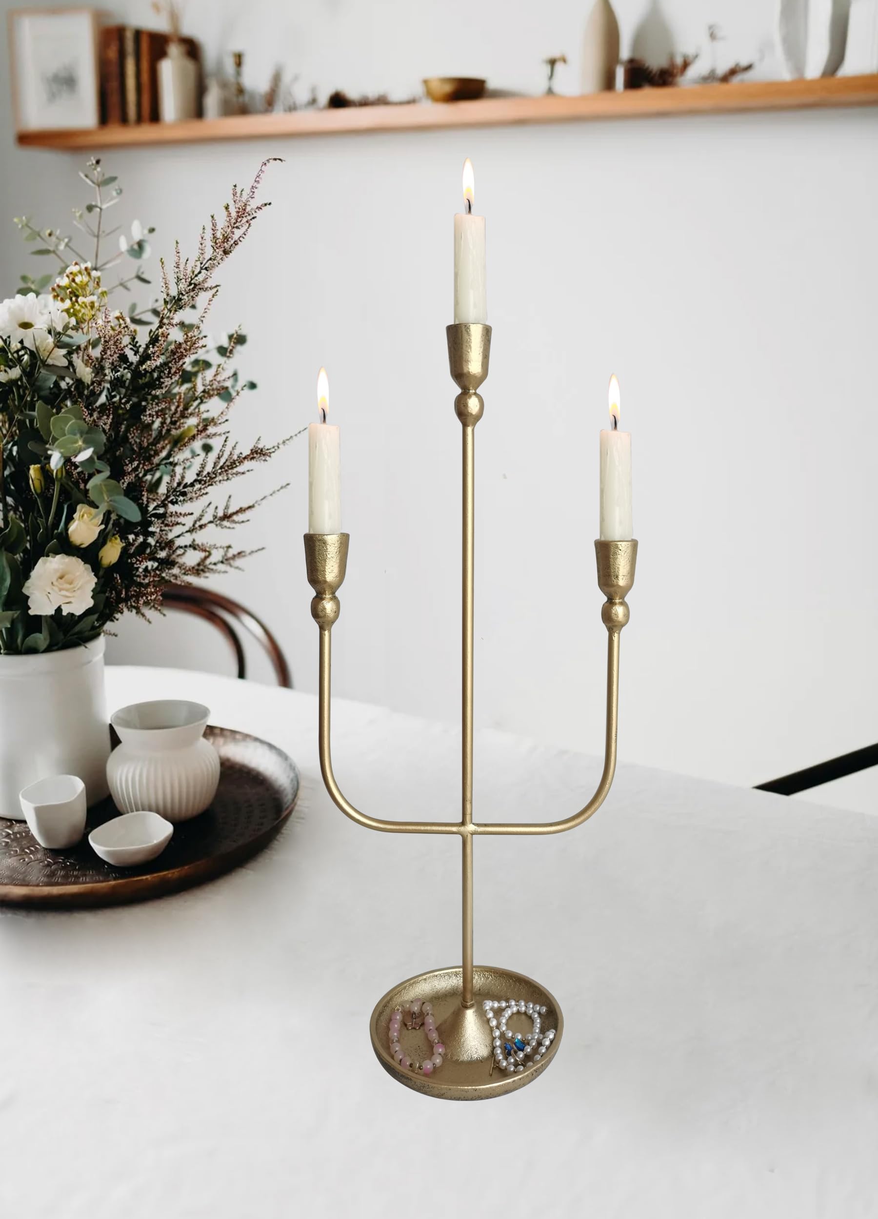 3-Piece Brass Finish Metal Candelabra Set - 20.5 Inch Tall Iron Candle Holders for Wedding Centerpieces, Dining Table Decor & Romantic Home Ambiance