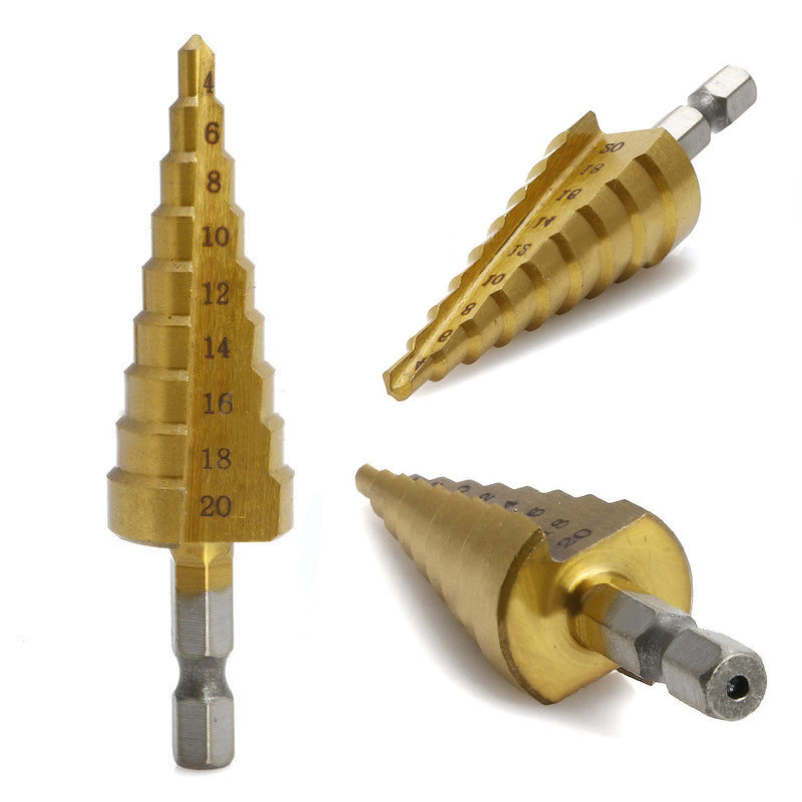 NUSHKI 4-20mm HSS Titanium Step Drill Bit Set - High Speed Steel Cone Drill for Metal, Wood, Plastic - Perfect for Countersinking, Sharpening & Hole Drilling in DIY Projects & Professional Workshops
