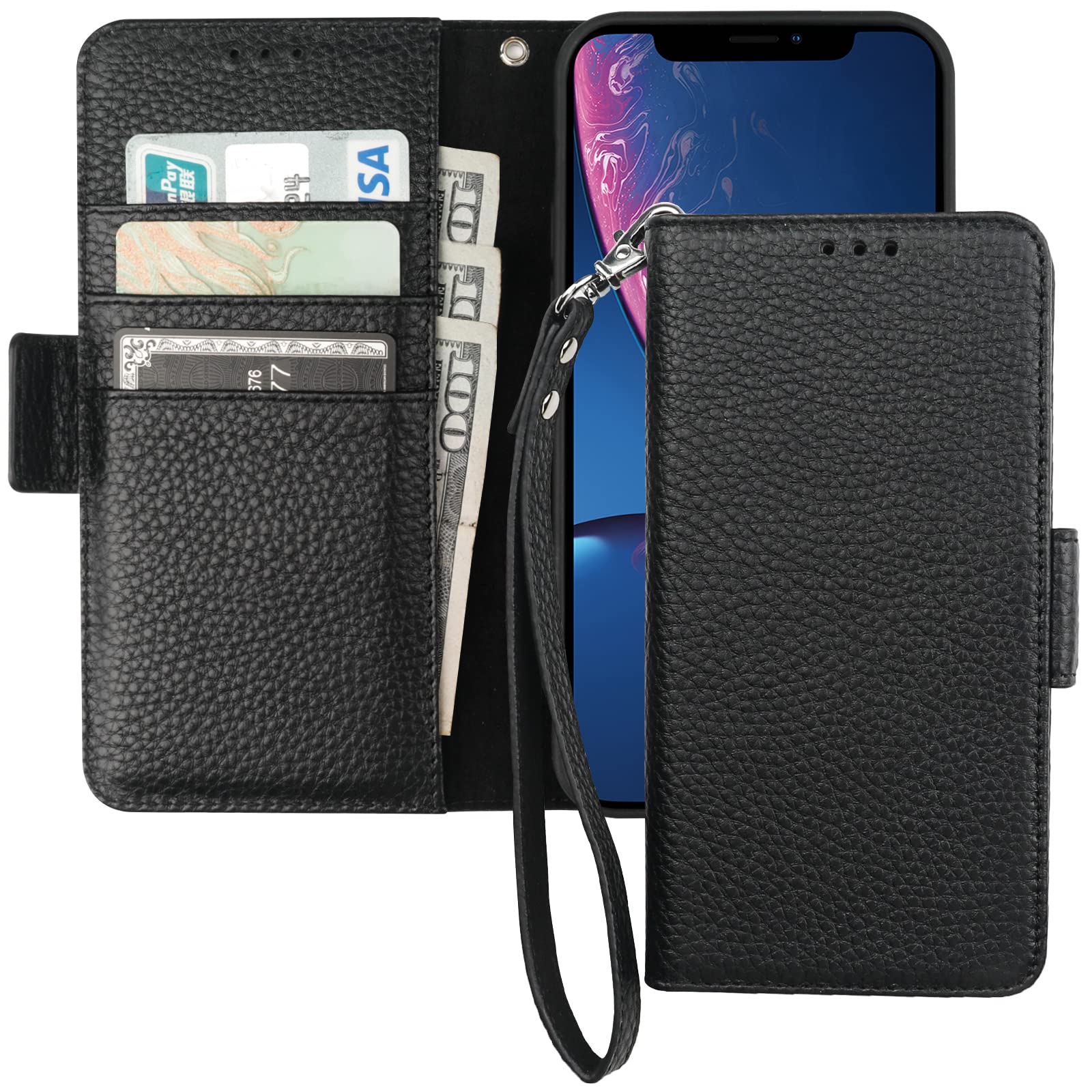 Premium Genuine Leather iPhone XR Wallet Case (6.1 Inch) - RFID Blocking, Wireless Charging Compatible, Flip Cover with Card Slots & Kickstand - Perfect for Travel, Business & Everyday Use (Black)