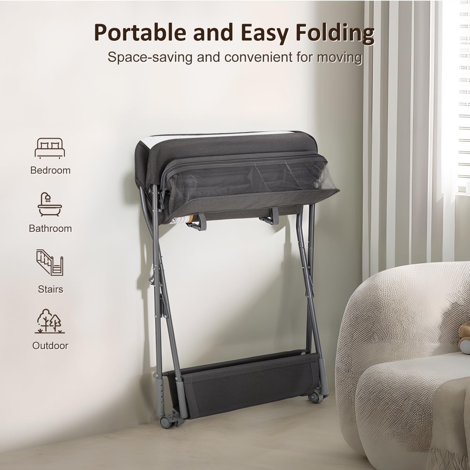 Maydolly Foldable Baby Changing Table with Wheels, Waterproof & Height Adjustable, Mobile Diaper Station with Storage Shelves (Dark Gray) - Perfect for Nursery, Bedroom, or On-the-Go Baby Care