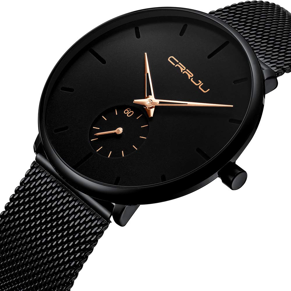 CRRJU Men's Business Slim Analog Quartz Watch with Date Display - Black Dial & Mesh Bracelet Strap - Perfect for Office, Formal Events & Professional Wear