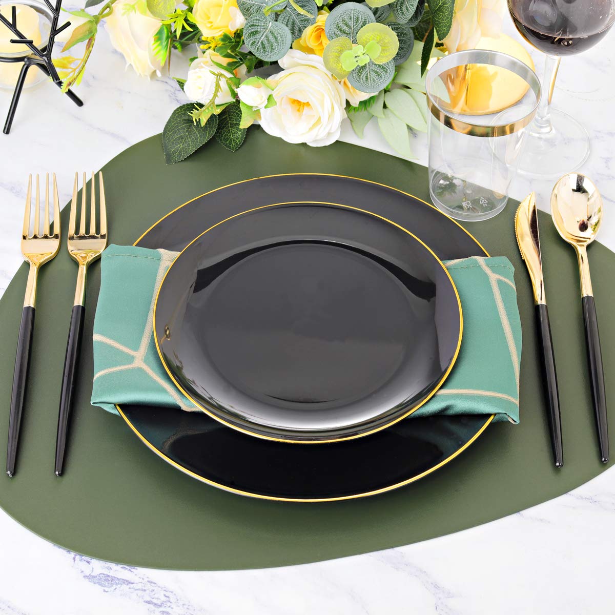 Premium 350-Piece Black Plastic Dinnerware Set with Gold Rim - Elegant Black & Gold Plastic Plates, Forks, Knives, Spoons & Cups - Perfect for Weddings, Christmas Parties & Formal Events