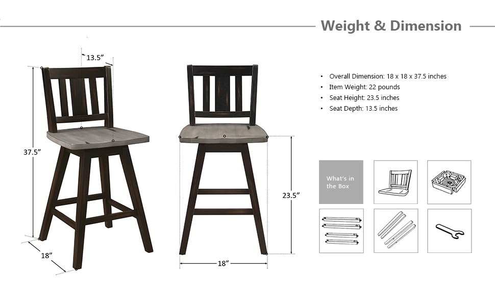 Modern Swivel Counter Height Bar Stools Set of 2 - Solid Wood Kitchen Island Stools with High Back, Footrest & Vertical Slat Design - 24
