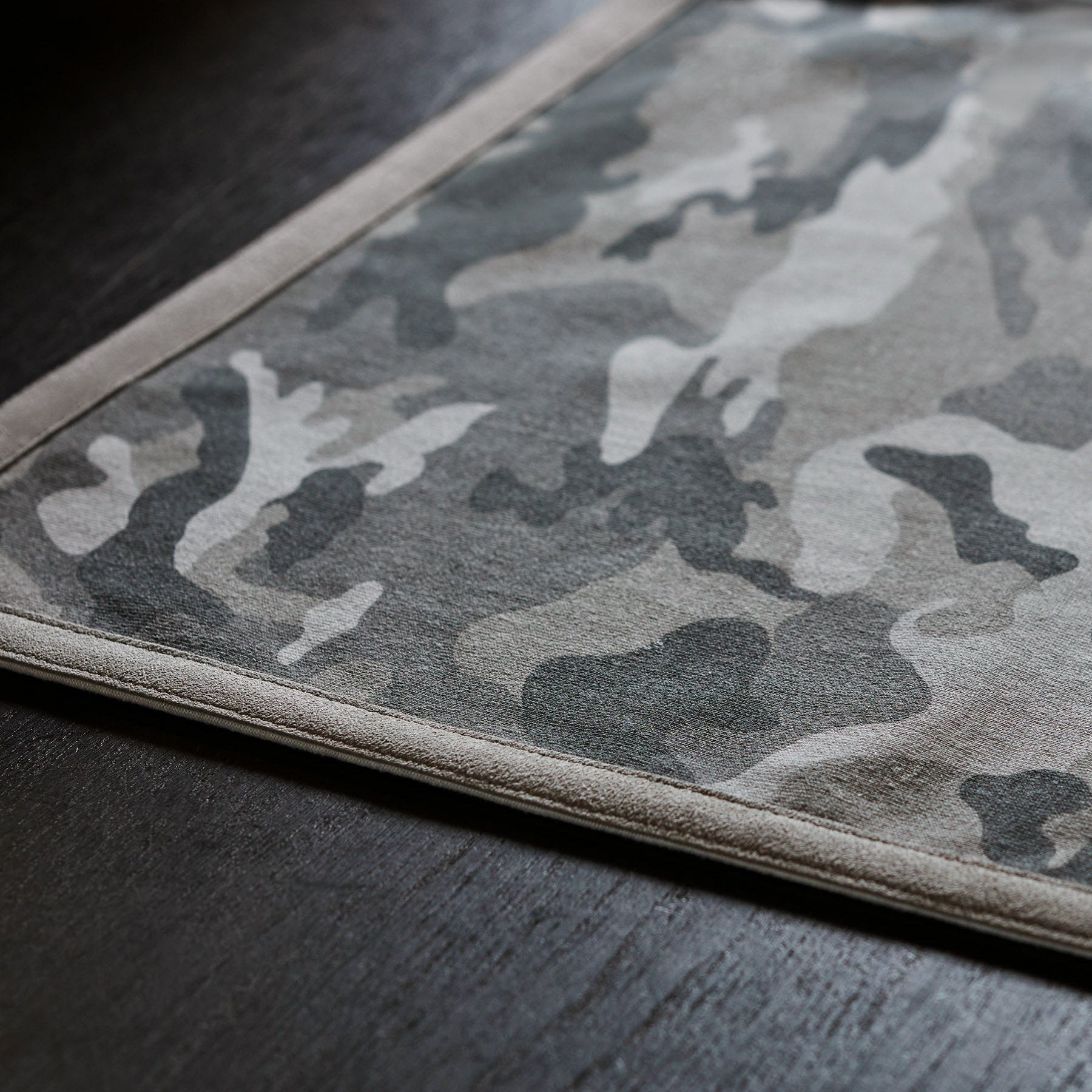 Premium Camouflage Placemat with Suede Trim - Arctic Camo & Light Grey - Perfect for Hunting Lodges, Outdoor Dining, and Cabin Decor