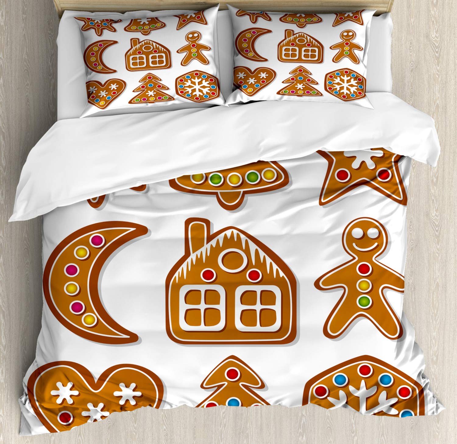 Ambesonne Gingerbread Man Duvet Cover Set - Queen Size 2-Piece Bedding Set with 2 Duvet Covers & 4 Pillowcases, Festive Christmas Sugar Cookie Print with Colorful Candy Dots - Perfect for Holiday Bedroom Decor & Cozy Winter Nights