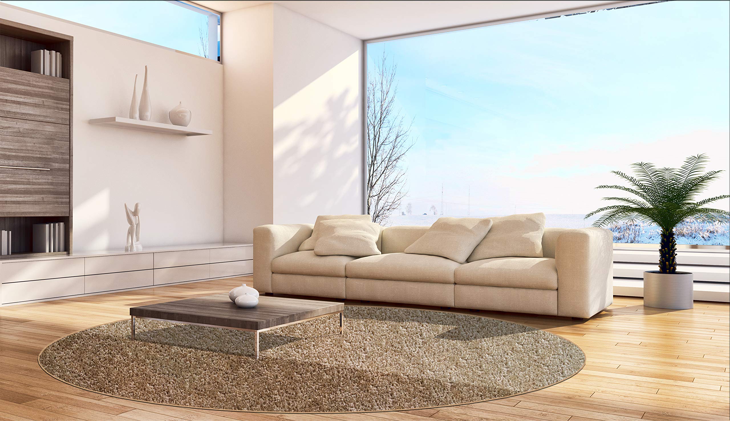 Frieze Style Round Area Rugs 9' - 100% PureColor® Solution Dyed BCF Polyester Stainproof & Pet-Friendly Rug - Soft Non-Slip Floor Carpet for Living Room, Bedroom, Nursery (Sandstone Beige)