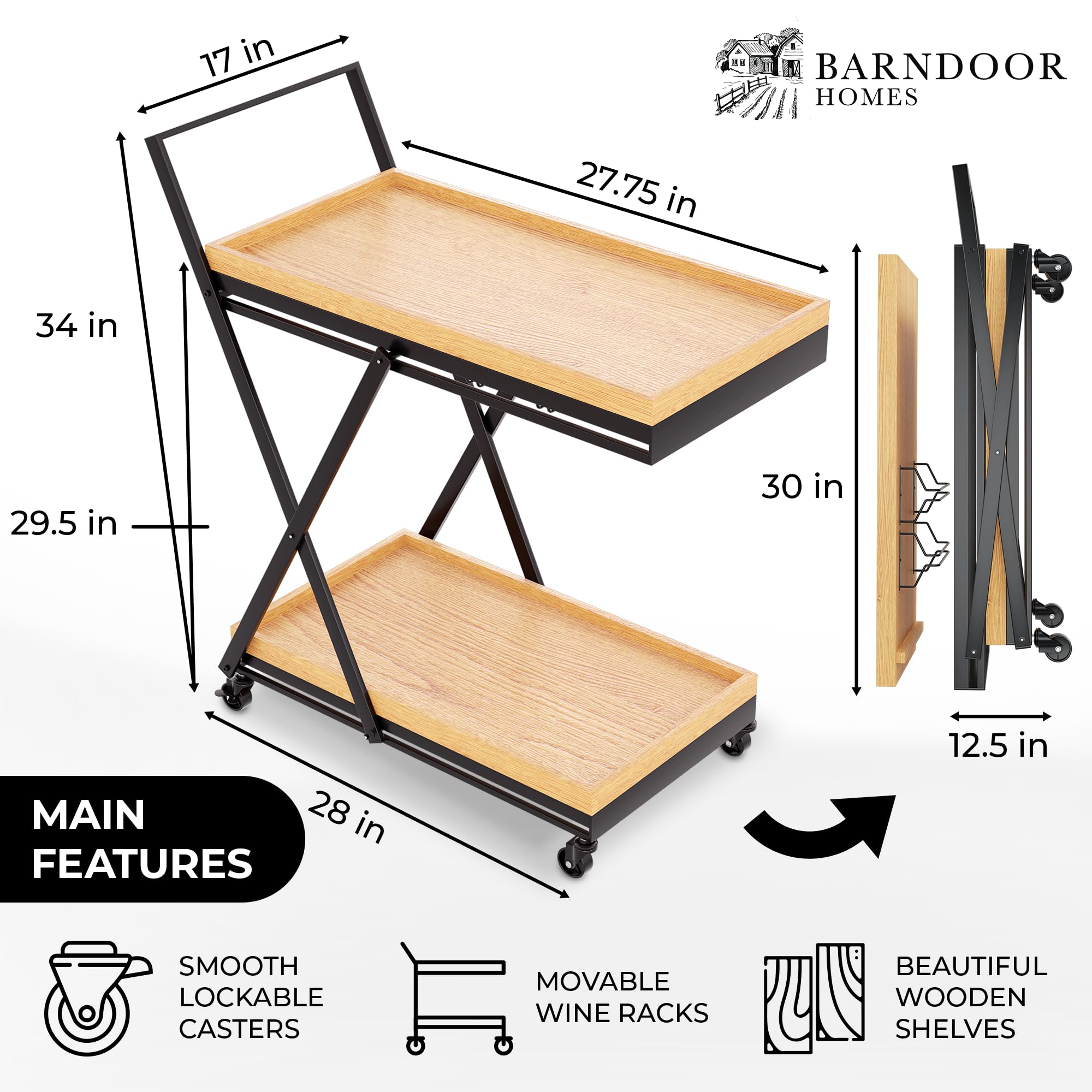 Bar Cart with Wheels - Rolling Kitchen Coffee Service, Wooden Trays, Portable Liquor & Beverage Storage, Mobile Snack & Drink Station - Perfect for Home Entertaining, Parties & Kitchen Organization