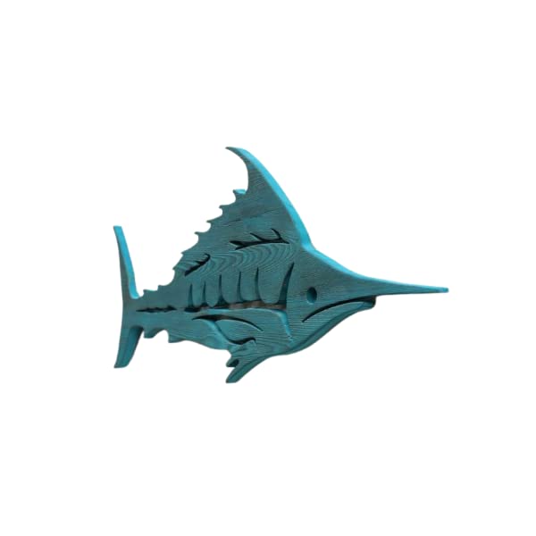 Hand Carved Wooden Marlin Wall Art - Blue Coastal Fish Sculpture Decor for Beach House, Nautical Theme & Ocean Inspired Home Decor