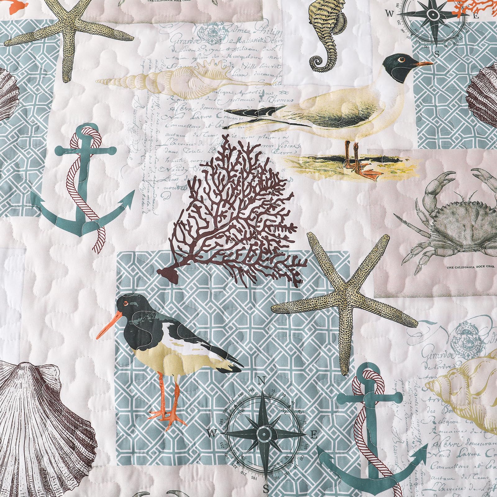Ocean Themed Quilt Set - Queen Size 3 Piece Soft Microfiber Bedspread Coverlet | Lightweight Summer Blanket & Nautical Beach Bedding | All Season Coastal Decor for Bedroom | 96