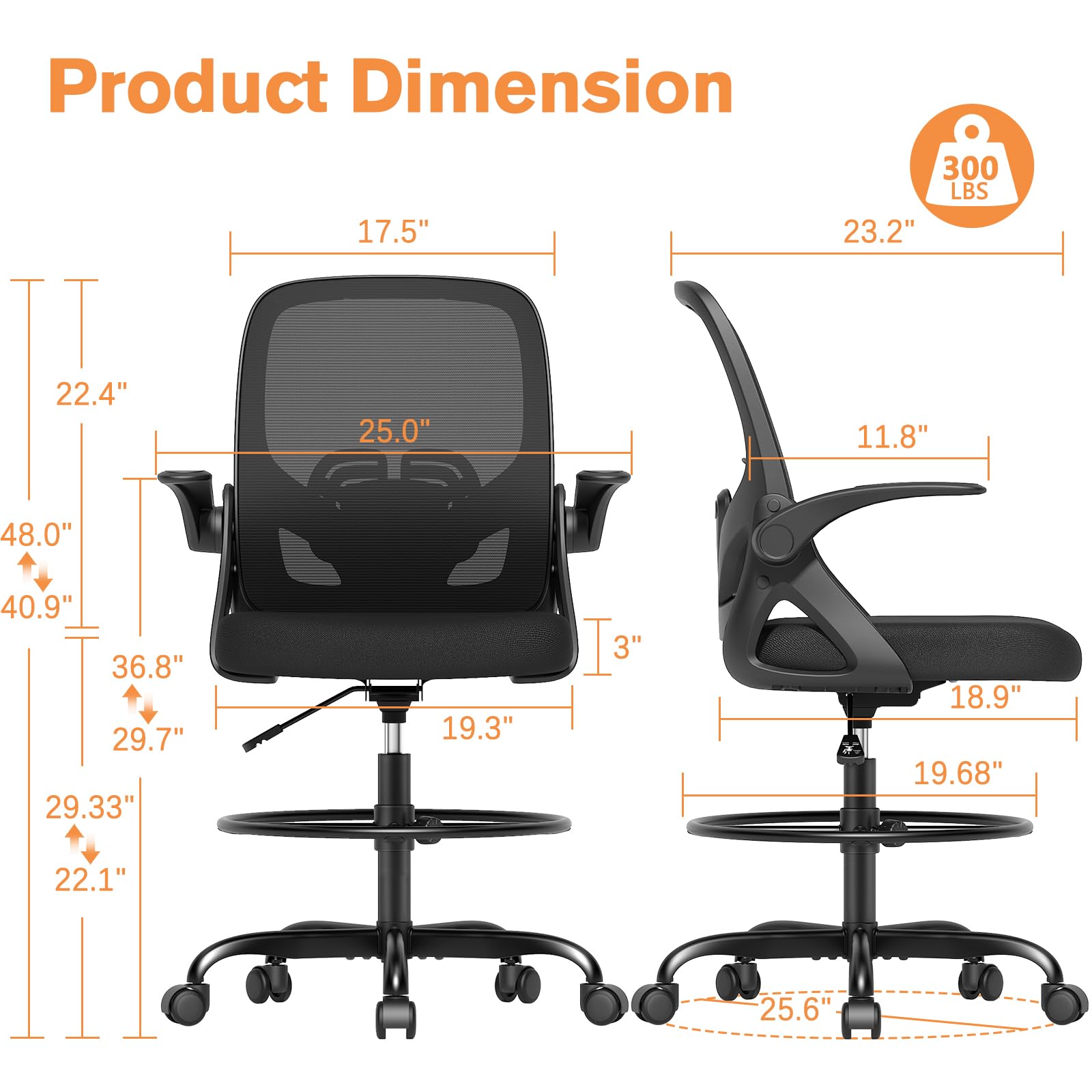 Ergonomic Tall Drafting Chair with Lumbar Support & Footrest - Adjustable Height Mesh Office Chair with Flip-Up Arms for Home & Work (Black) - Perfect for Architects, Designers & Long-Hour Computer Work
