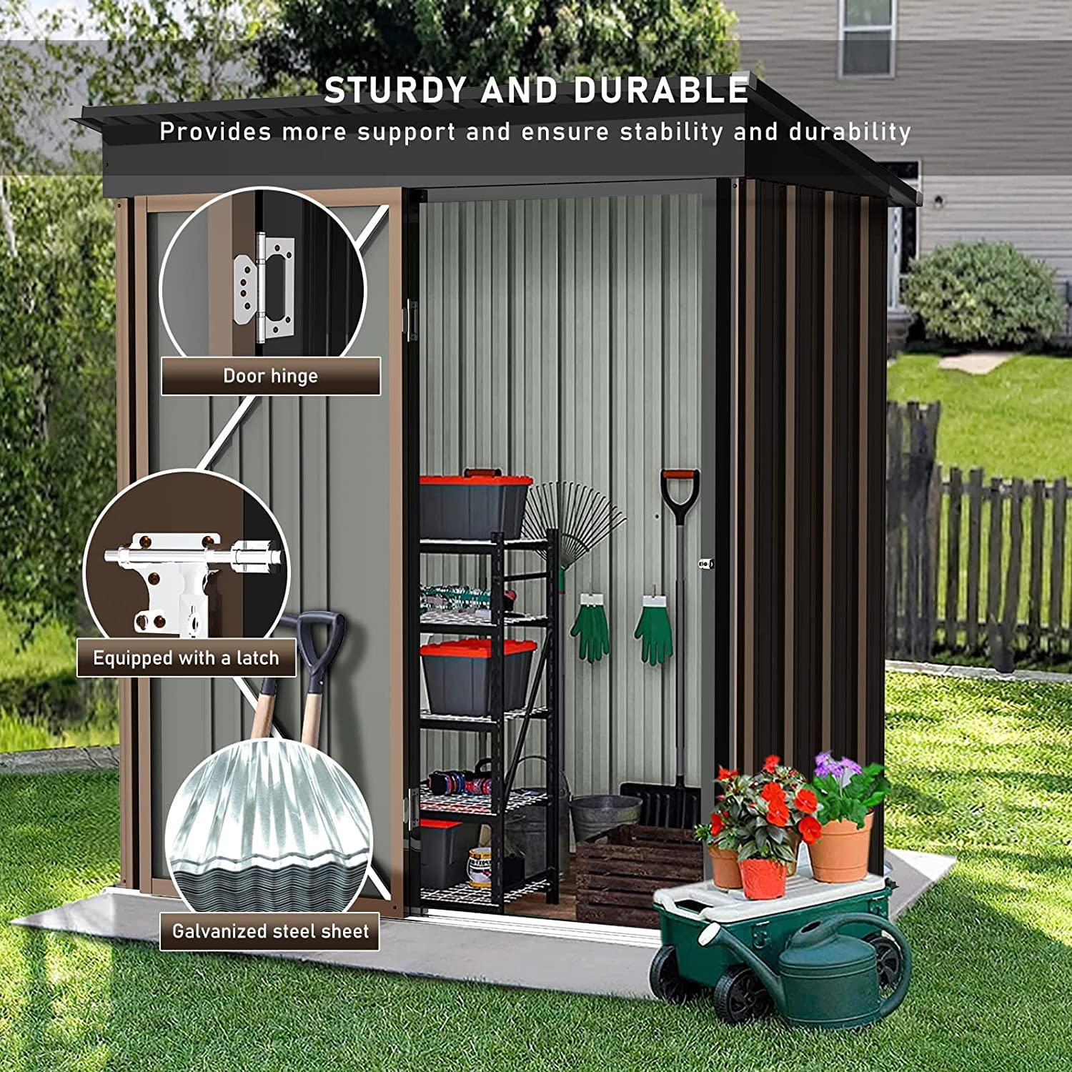 LEMBERI 5x3 FT Outdoor Storage Shed with Floor - Heavy Duty Galvanized Steel Garden Shed with Lockable Door, Waterproof & Rustproof Tool Shed for Backyard, Patio, Lawn (Brown) - Perfect for Storing Gardening Tools, Lawn Equipment & Outdoor Furniture
