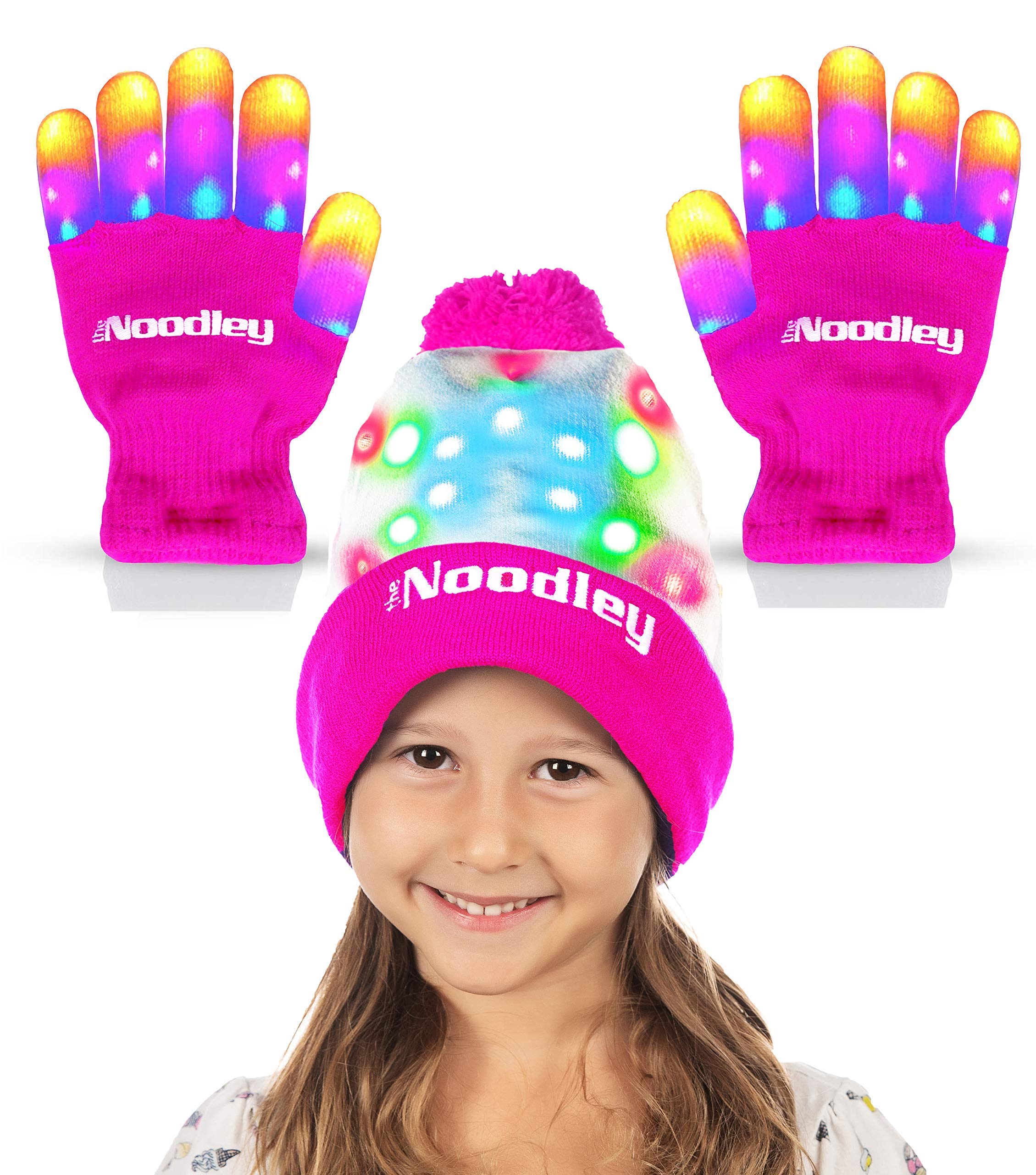 LED Light Up Gloves and Beanie Hat Set - Flashing & Glow in The Dark - Kids & Adult Sizes with Extra Batteries (Medium, Pink) - Perfect for Raves, Concerts, Halloween & Nighttime Activities