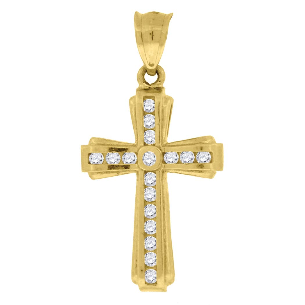 10k Yellow Gold Round Cubic Zirconia (CZ) Cross Pendant Necklace for Women & Men - 38.3x19mm Religious Jewelry Gift - Perfect for Baptism, Confirmation & Everyday Faith Jewelry