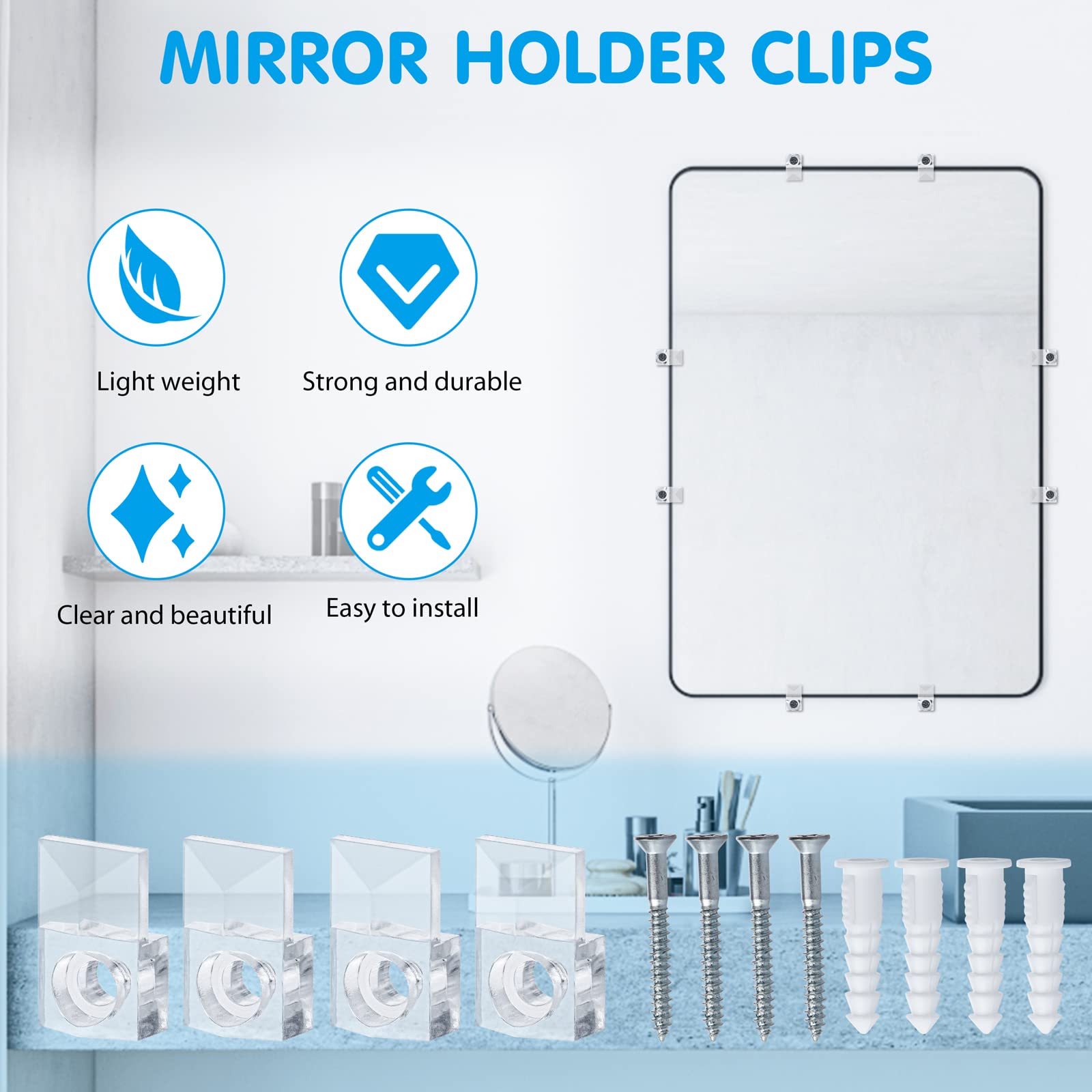 50 Sets Mirror Holder Clips Kit - Clear Plastic Mirror Mounting Clips with Screws for Glass Retainer, Box Door Hanging & Wall Fixing - Perfect for Bathroom, Bedroom, DIY Projects & Home Decor