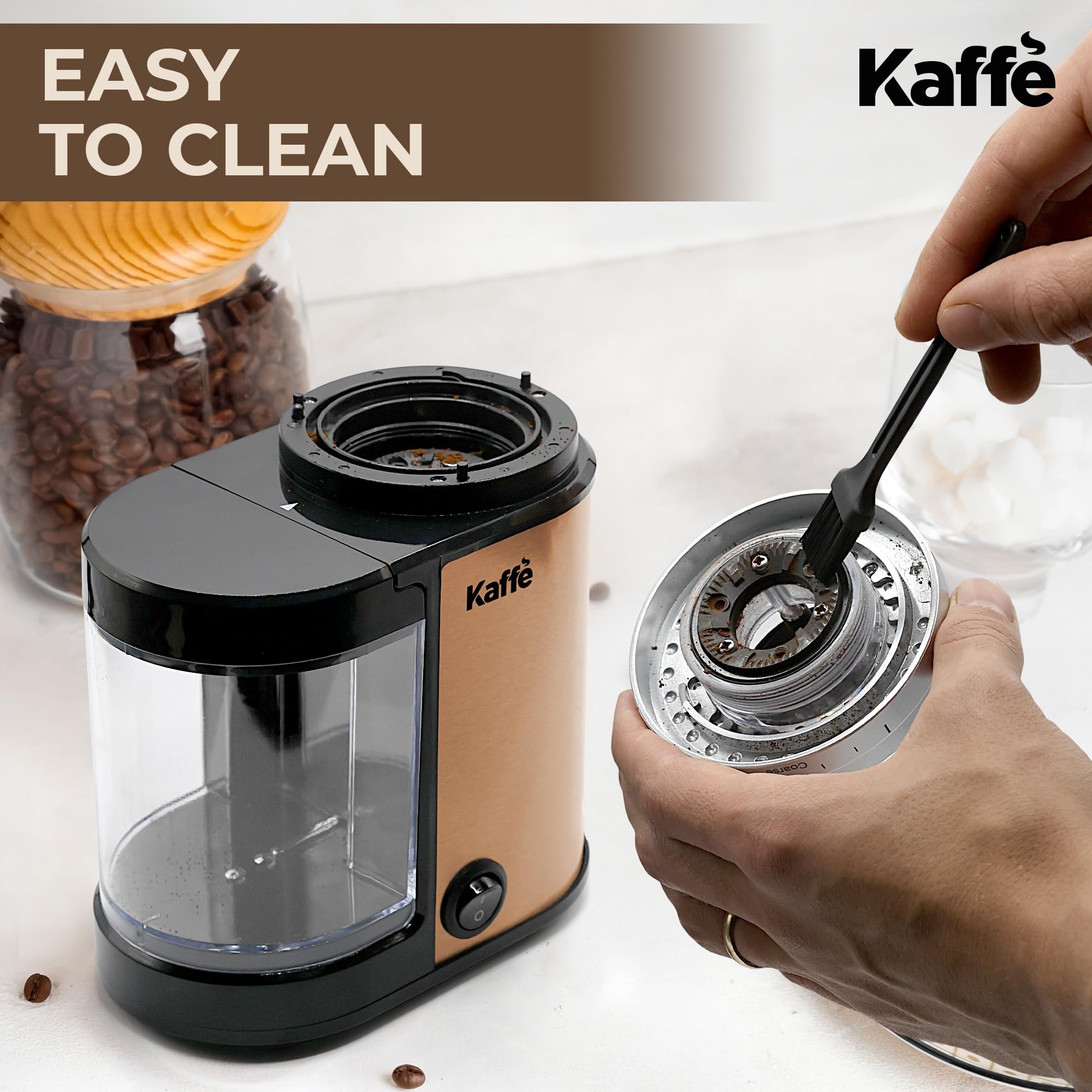 Premium Kaffe Electric Burr Coffee Grinder - 5.5oz Capacity with Adjustable Coarseness Settings - Flat Burr Design & Upgraded Motor - Perfect for Espresso, French Press & Drip Coffee - Ideal Home Coffee Bean Grinder in Copper Finish