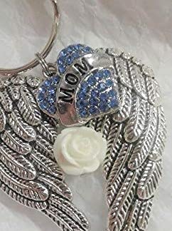 Memorial Angel Wings Keychain with Blue Crystal Heart & White Rose - Thoughtful Gift for Mom, Sympathy Keepsake for Loss of Mother - Perfect for Remembrance, Funeral, or Memorial Services