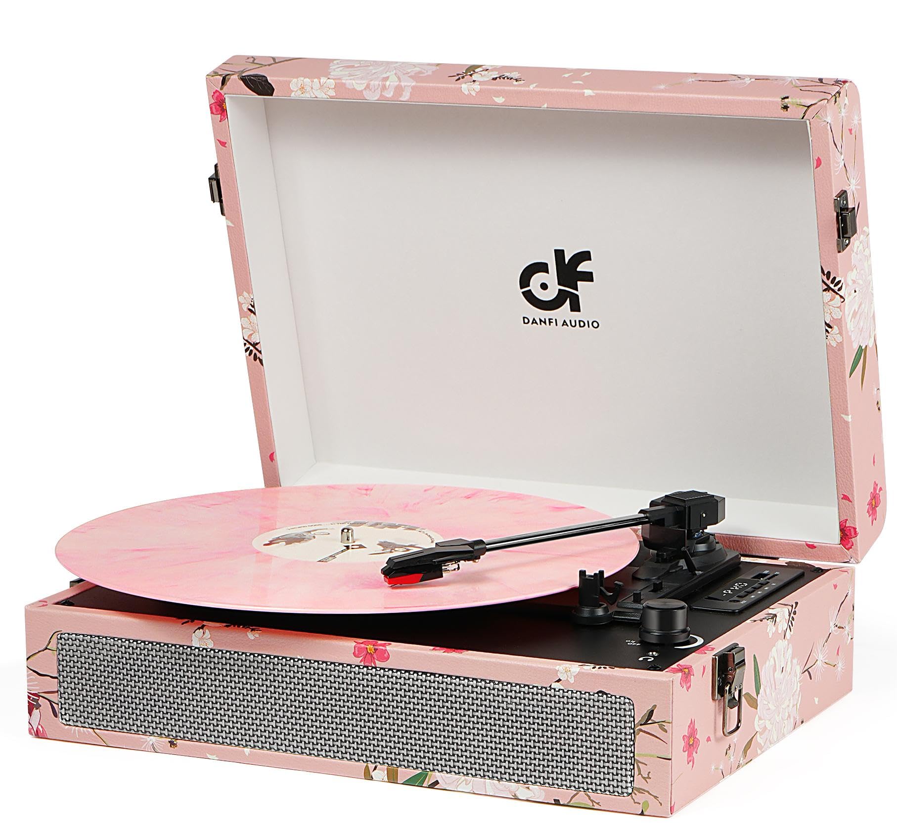 Vintage Portable Bluetooth Vinyl Record Player with Built-in Speakers, 3-Speed Turntable, USB Recording, Headphone/RCA/AUX Jack - Pink Floral Design | Perfect for Home Decor, Music Lovers & Retro Gift Ideas