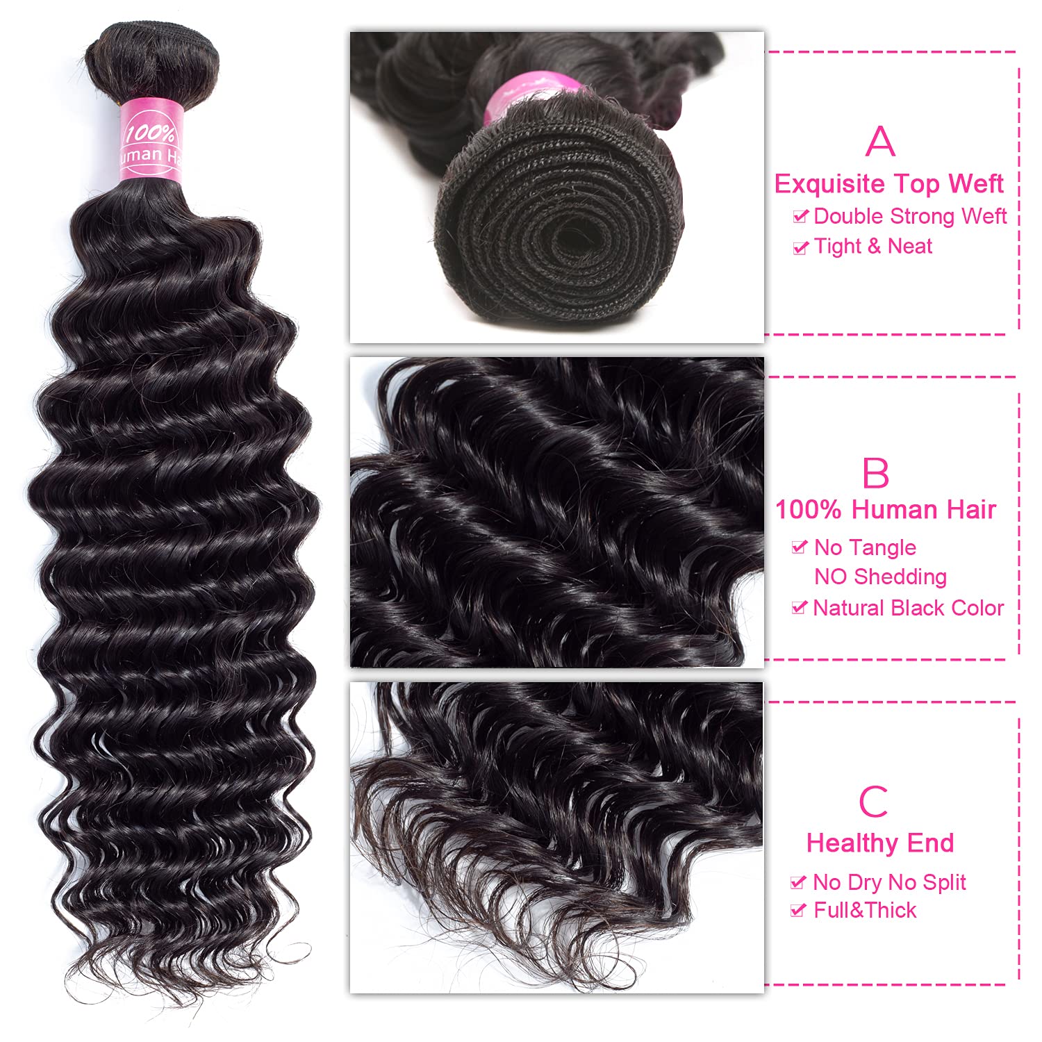 10A Brazilian Virgin Human Hair Bundles 18 20 22 Inch - Unprocessed Deep Wave 3 Bundles with Double Strong Weft for Natural Curly Look | Perfect for Protective Styles, Weaves, Wigs & Hair Extensions