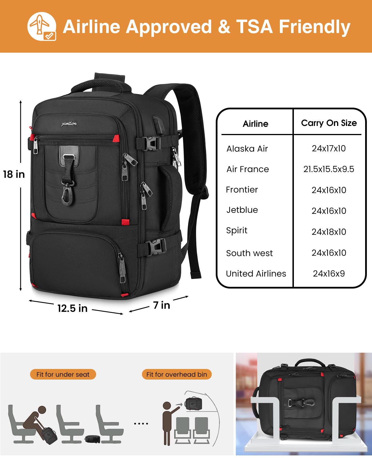 Carry On Backpack - Airline Approved Travel Laptop Backpack for Men & Women, Waterproof Weekender Bag with USB Charging Port - Perfect for Business Trips, College, Hiking & Daily Commute