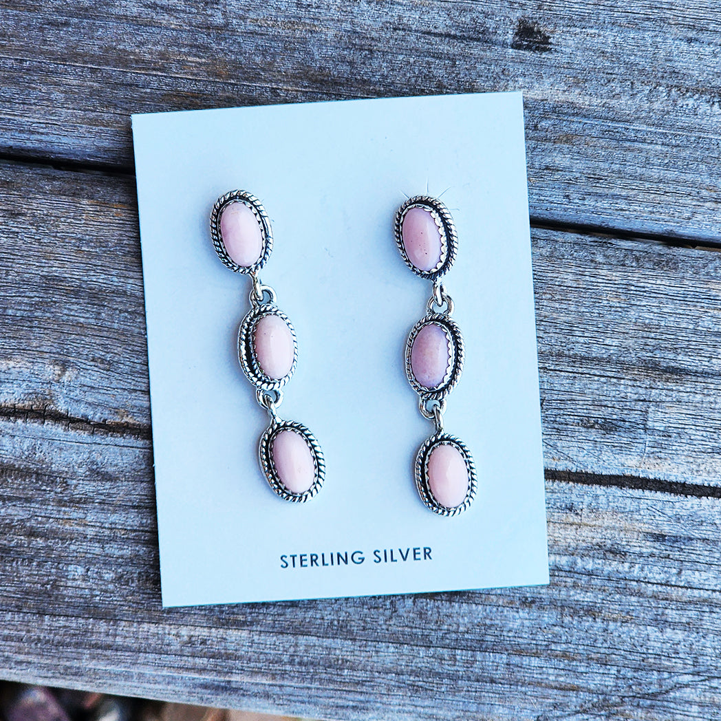 Twila Pink Opal 3 Stone Dangle Earrings for Women - Elegant Handmade Gemstone Jewelry for Party, Wedding & Special Occasions