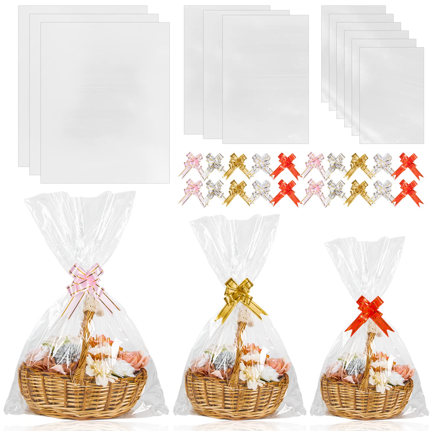 50pcs Clear Cellophane Gift Bags - 3 Sizes (12x18, 16x24, 24x30 inches) with 50 Pull Bows for Gift Wrapping, Party Favors, Wedding Favors & Holiday Packaging - Premium Plastic Packaging Bags for Candy, Cookies & Gift Baskets