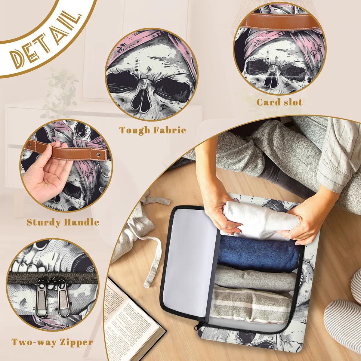 Skull Hair Band Storage Bins with Zipper Lid - 2pcs Stackable Closet Organizer Baskets with Metal Frame & PU Handles - Perfect for Clothes, Toys, and Home Organization