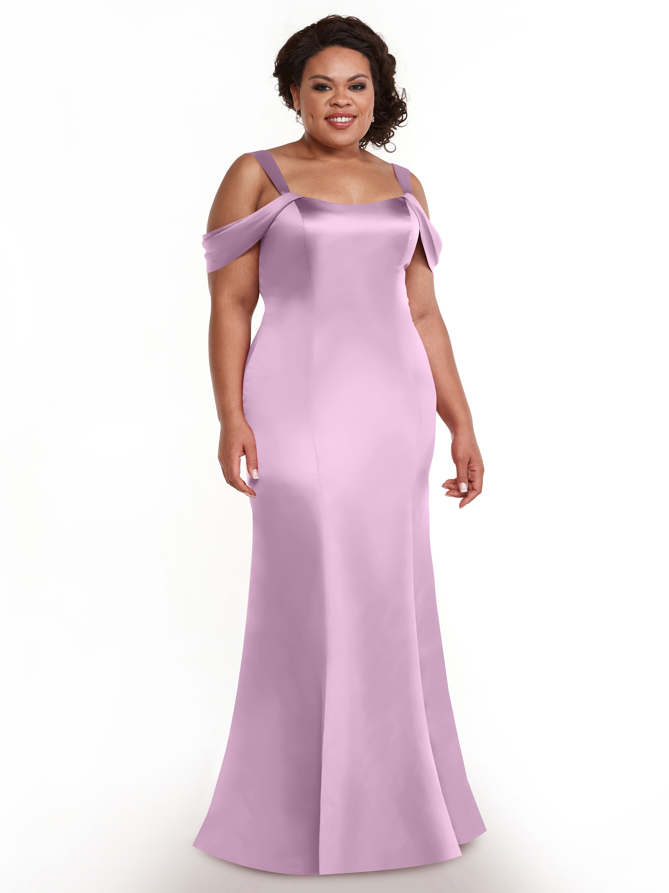 Elegant 80151 Fitted Satin Bridesmaid Dress with Off-The-Shoulder Sleeves - Perfect for Weddings, Formal Events & Special Occasions