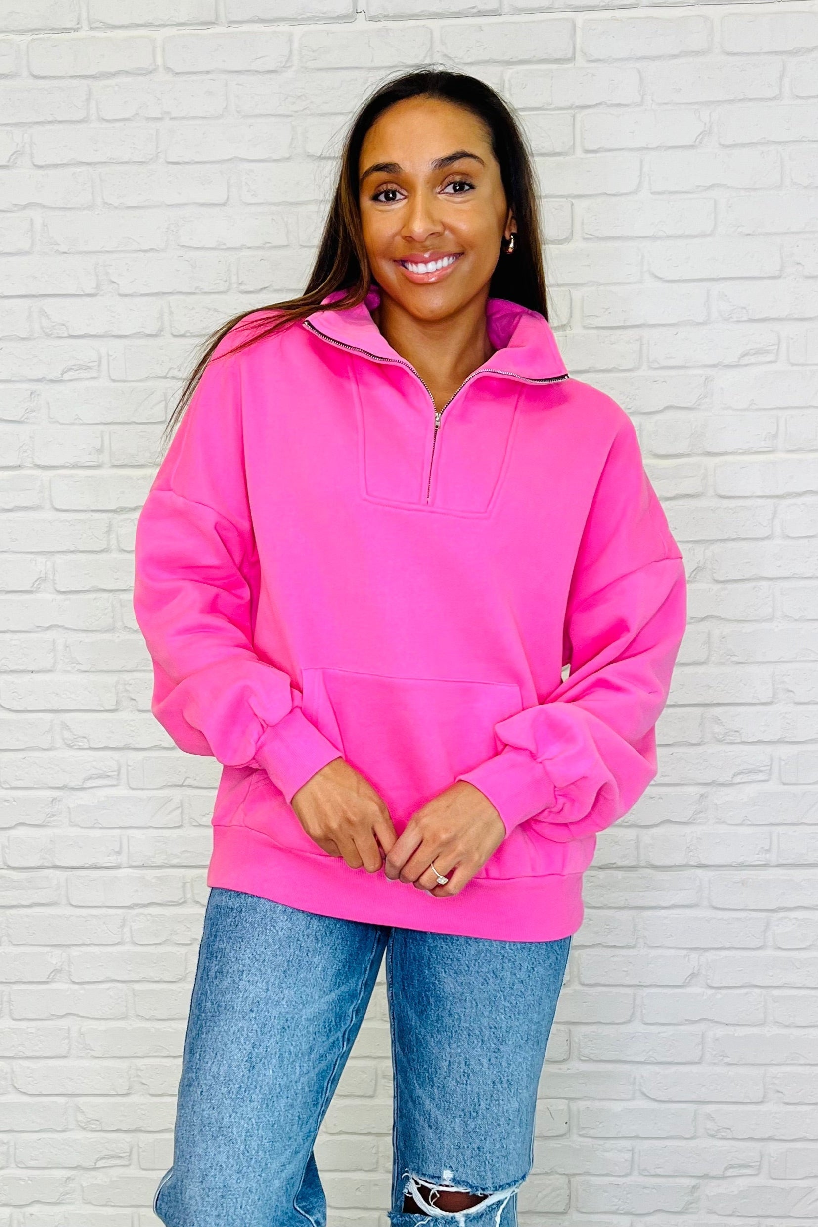 Bonbon Delight Women's Half Zip Pullover Sweater - Soft Pink Knit Top for Casual Wear | Perfect for Fall & Winter Outfits, Office & Coffee Dates