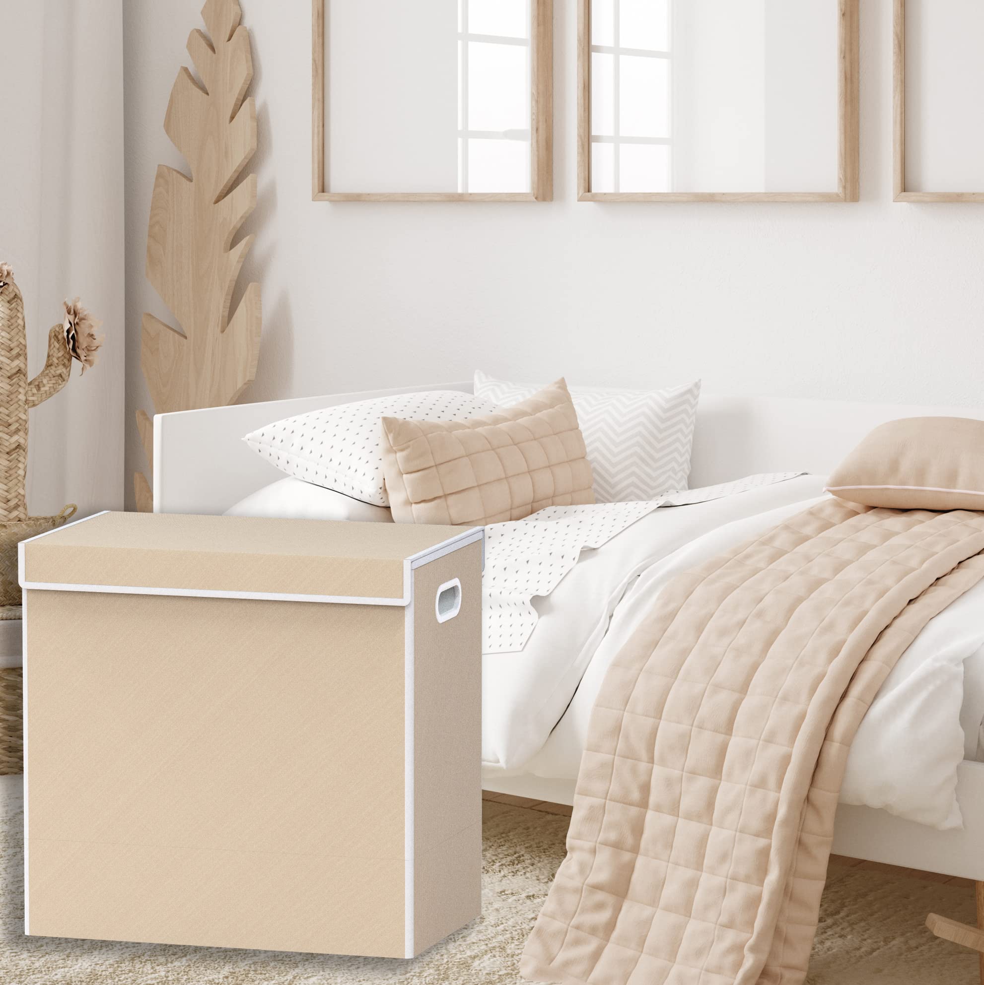 Simple Houseware Double Laundry Hamper with Lid & Removable Laundry Bags - Beige Foldable Clothes Hamper for Bedroom, Bathroom & Dorm Organization