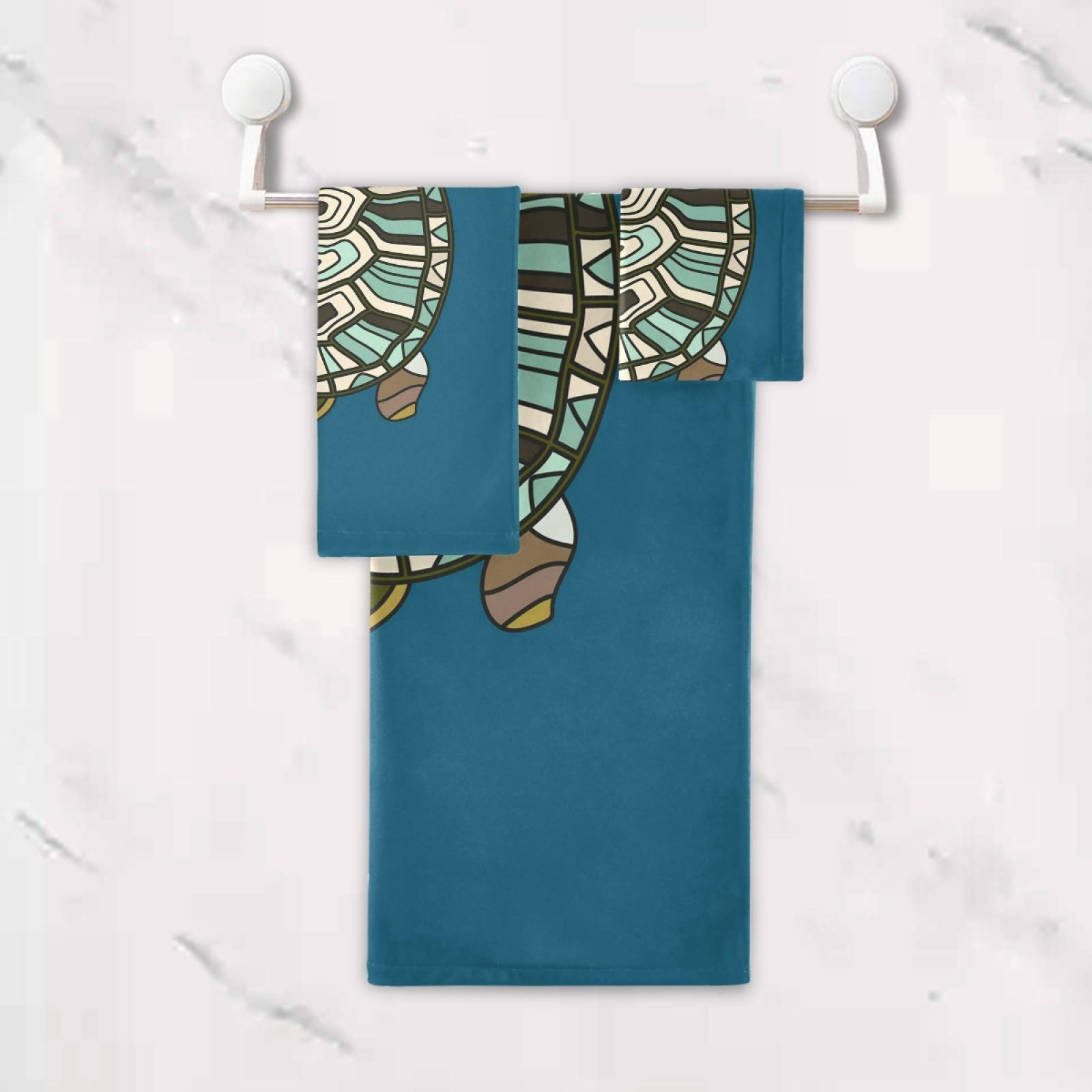 Premium Tribal Turtle Print Bath Towel Set - 3-Piece Soft Absorbent Towels (Bath, Hand, Face) for Spa, Bathroom, Hotel, Beach & Gym - Blue Tortoises Design