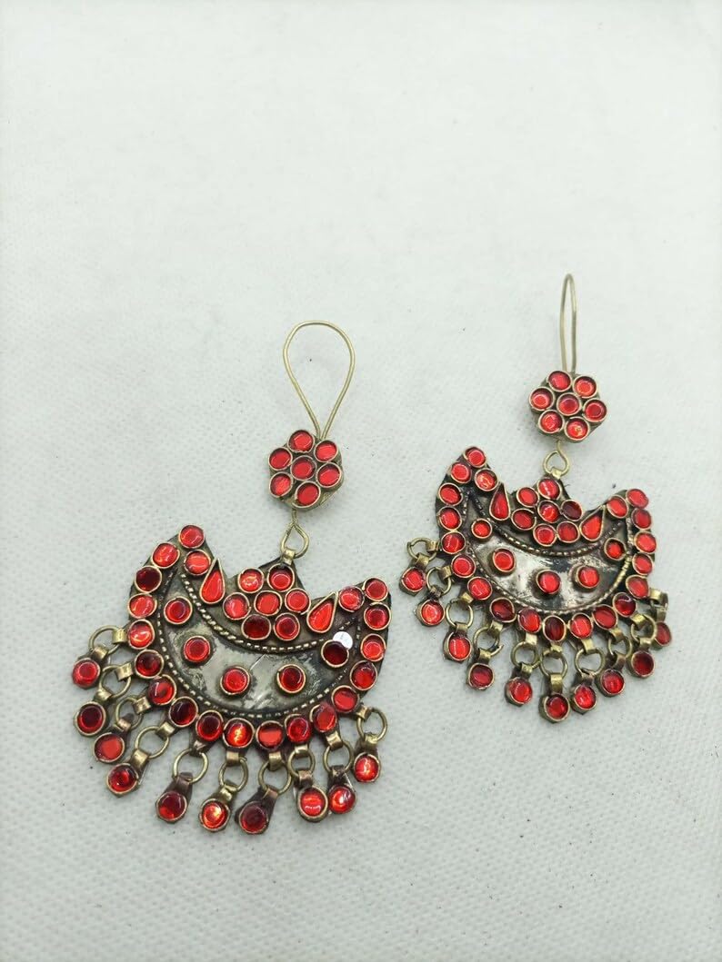 Handmade Kuchi Afghan Tribal Dangle Earrings for Women - Glass Stone Beaded Statement Jewelry | Traditional Indian & Gypsy Style Accessories | Perfect for Festivals, Weddings & Boho Fashion