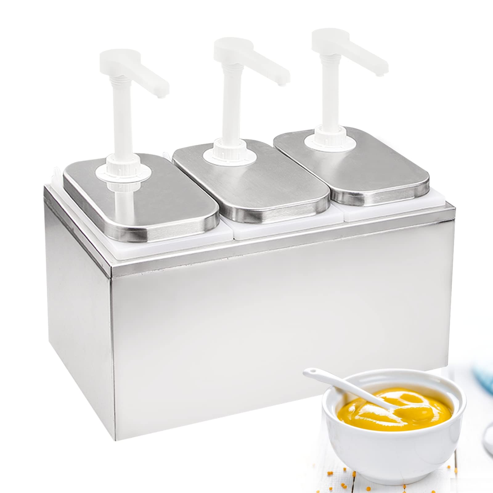 6L Stainless Steel Sauce Dispenser Pump with 3 x 2.1 Quart Jars - Commercial Condiment Pump Station for Restaurants, Cafes & Catering Services