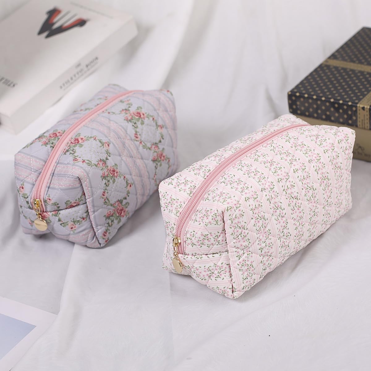 Floral Quilted Makeup Bag for Women - Coquette Cosmetic & Toiletry Travel Organizer (Pink) | Perfect for Travel, Gym, and Everyday Essentials Storage