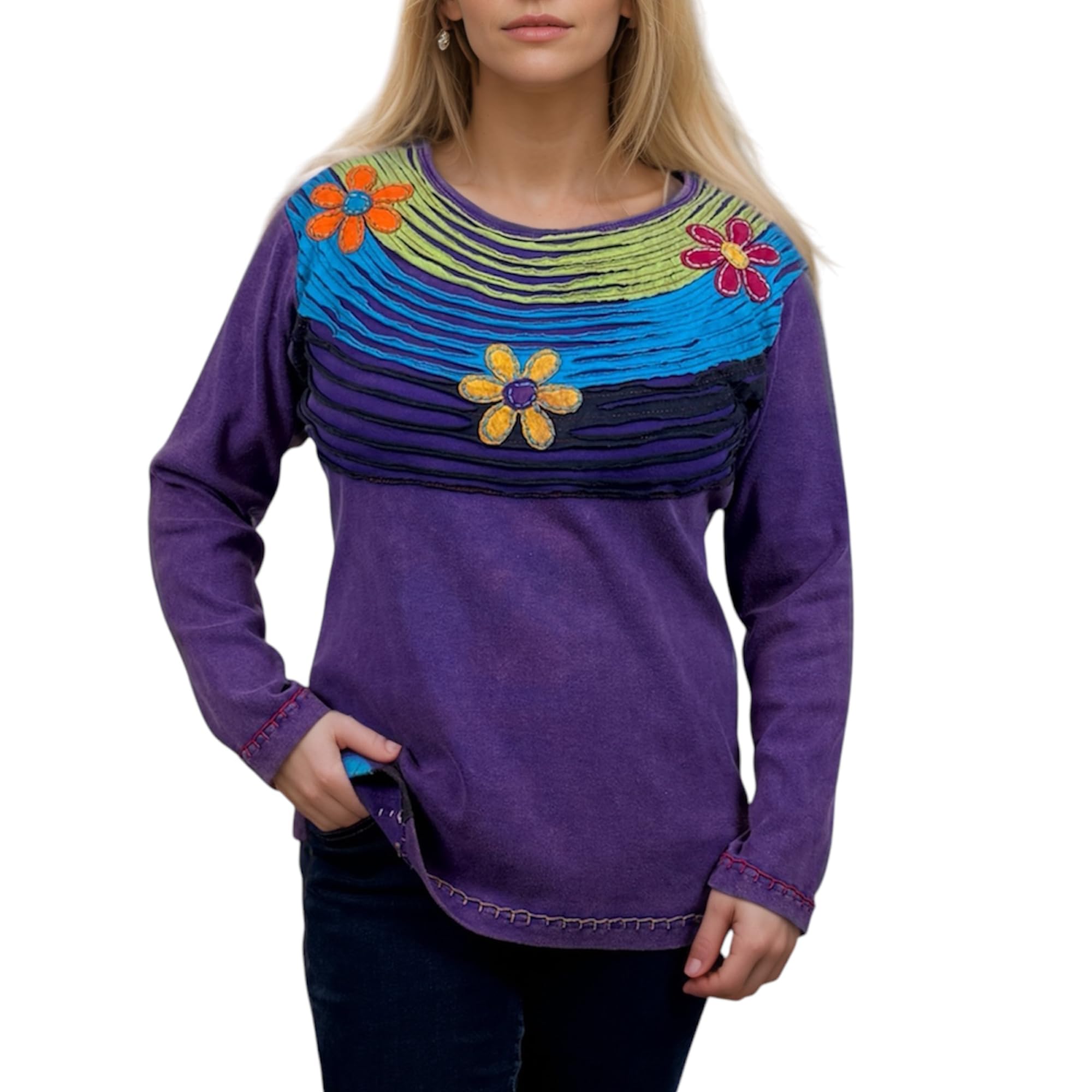 2025 Spring Gypsy Boho Rib Knit Distressed Stonewashed Women's Long Sleeve Sweatshirt - Razor Cut Blouse by Agan Traders | Perfect for Casual Outings, Music Festivals & Boho-Chic Style