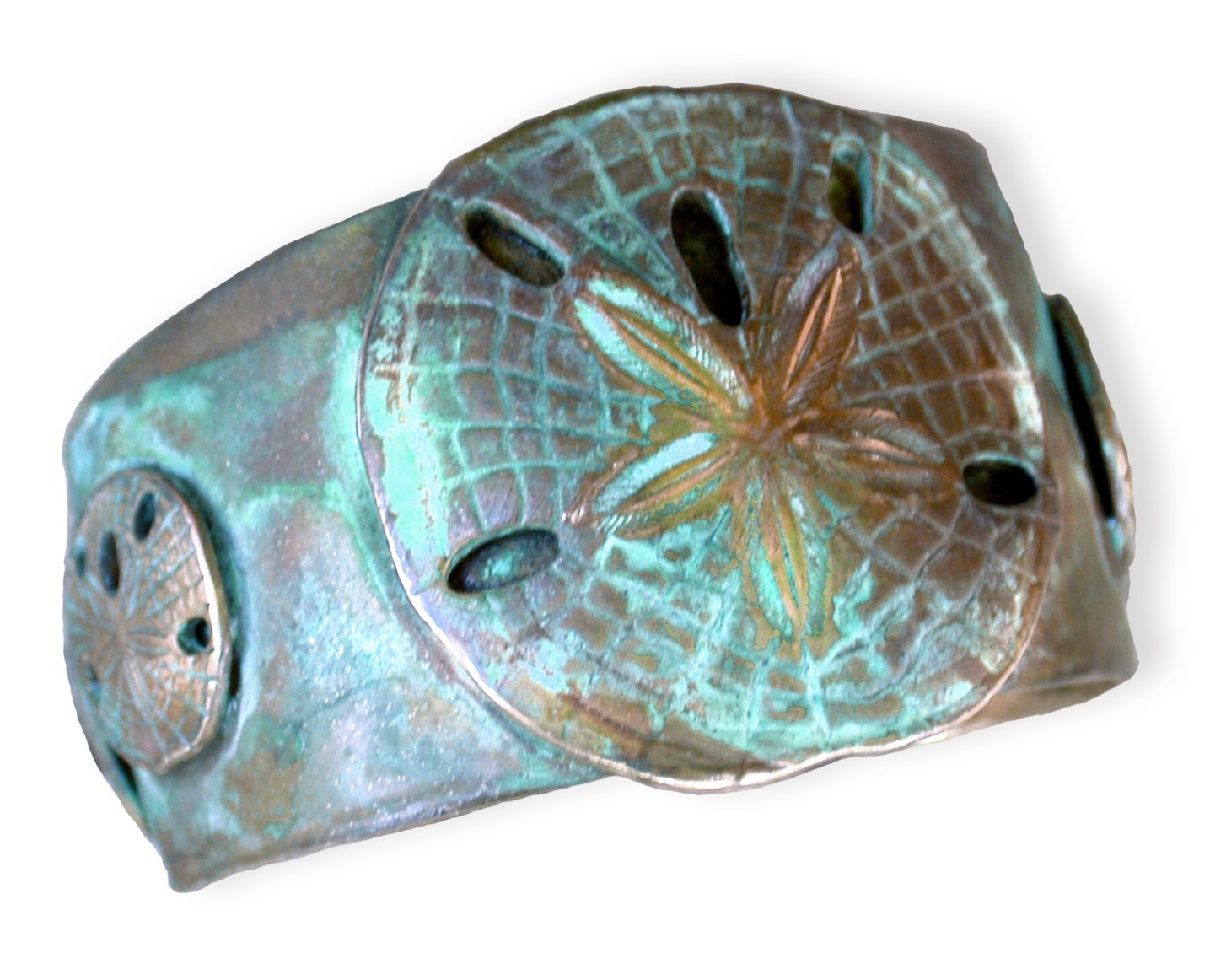 Elaine Coyne Collectible Artwear Verdigris Patina Brass Sand Dollars Cuff Bracelet - Handmade in USA | Boho Beach Jewelry for Women, Gift for Ocean Lovers, Coastal Fashion Accessory
