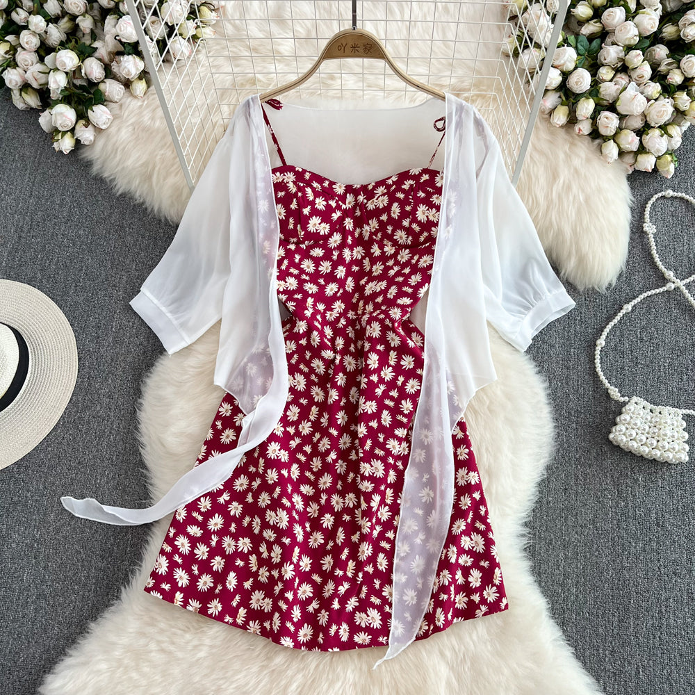2023 Summer Floral Spaghetti Strap Dress Two Piece Set - Women's Floral Print Crop Top & Skirt Outfit for Beach, Vacation & Date Night
