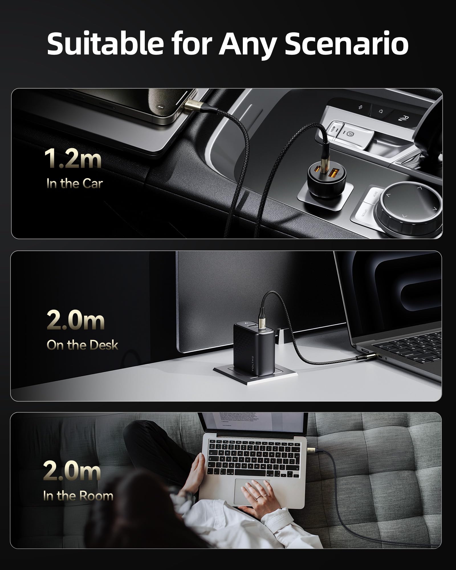 VOLTME 240W USB C to USB C Cable 4FT - 40Gbps USB4 & Thunderbolt 4/3 Compatible - Fast Charging & 8K@60Hz Video Output - Braided Durable Type C Cable for iPhone 16, Galaxy S24, iPad, MacBook Pro (Black) - Perfect for Home, Office & Travel Charging
