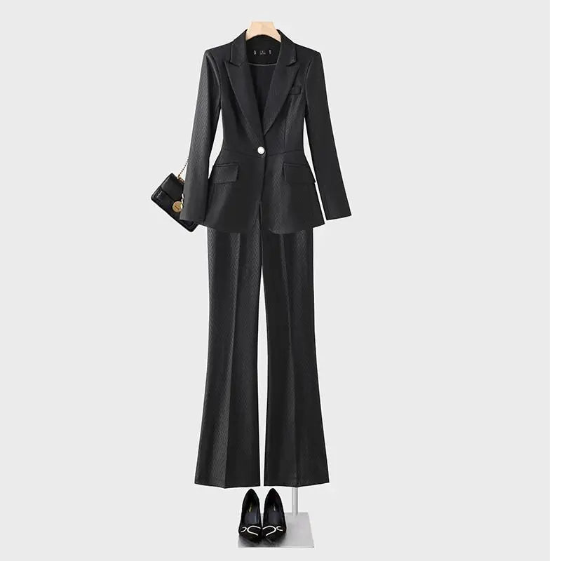 Women's Autumn Winter Office Blazer & High Waist Wide Leg Pants Set - Elegant Solid Color Two-Piece Suit for Work, Business Casual & Professional Outfits