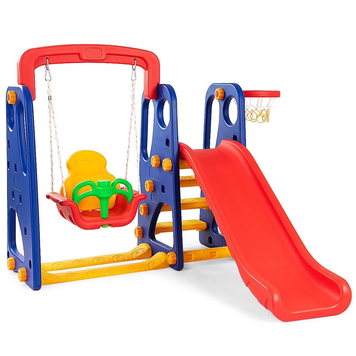**HOMGX 4-in-1 Kids Slide and Swing Set - Outdoor & Indoor Playground for Toddlers with Basketball Hoop, Climbing Stairs & Long Slide - Easy Setup Backyard Playset for Boys & Girls - Perfect for Gardens, Parks, and Playrooms**