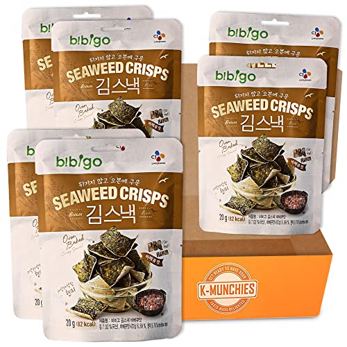 Bibigo Korean Seaweed Snacks - 6 Pack (20g Each) Oven-Baked BBQ Flavor Seaweed Crisps with Brown Rice & Seasonings | Healthy Gluten-Free Snack for Office, School & Travel | Authentic Korean Laver Chips