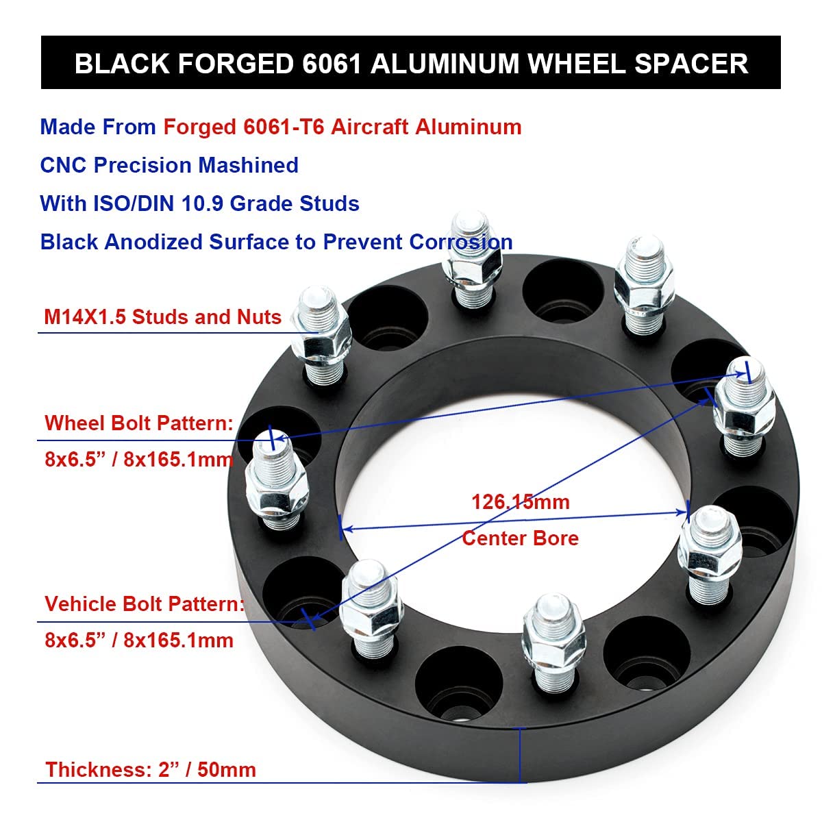 VLAOSCHI 2 Inch Black Forged 8x6.5 Wheel Spacers with 14x1.5 Studs - Compatible with 1999-2010 Chevy Silverado/GMC Sierra 2500/3500 HD & 2014-2021 RAM 2500/3500 (8 Lug 8x165.1) - Heavy Duty Truck Wheel Spacer Kit (Pack of 2) for Off-Road & Towing Applications