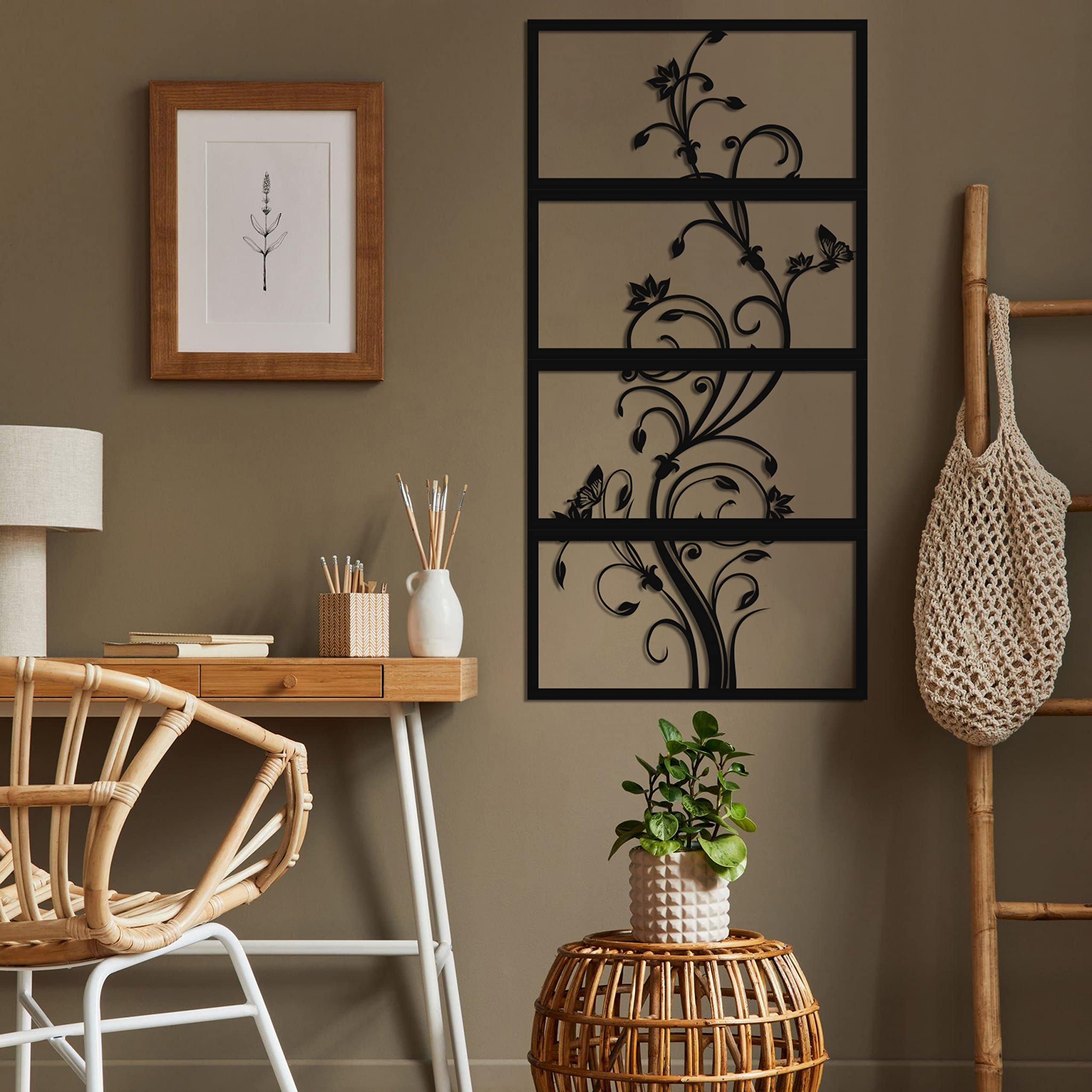 DEKADRON 4-Panel Metal Wall Art Decor - Modern Flower & Tree Design for Home & Office - Housewarming Gift - 39