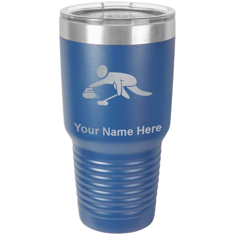LaserGram 30oz Vacuum Insulated Stainless Steel Tumbler with Leakproof Lid - Personalized Engraved Curling Figure Design (Dark Blue) - Perfect for Coffee, Tea & Cold Drinks at Home, Office or Gym