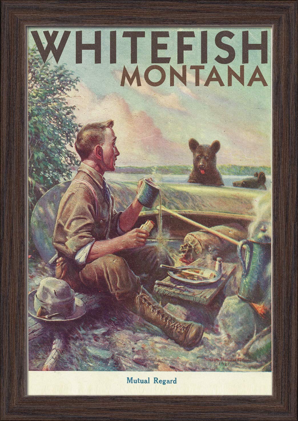 Whitefish Montana Man Cooking Breakfast at Camp Poster - 12x18 Giclee Fine Art Print with Recycled Wood Frame in Espresso Brown - Perfect for Cabin Decor, Rustic Home Office, or Outdoor Enthusiast Gift